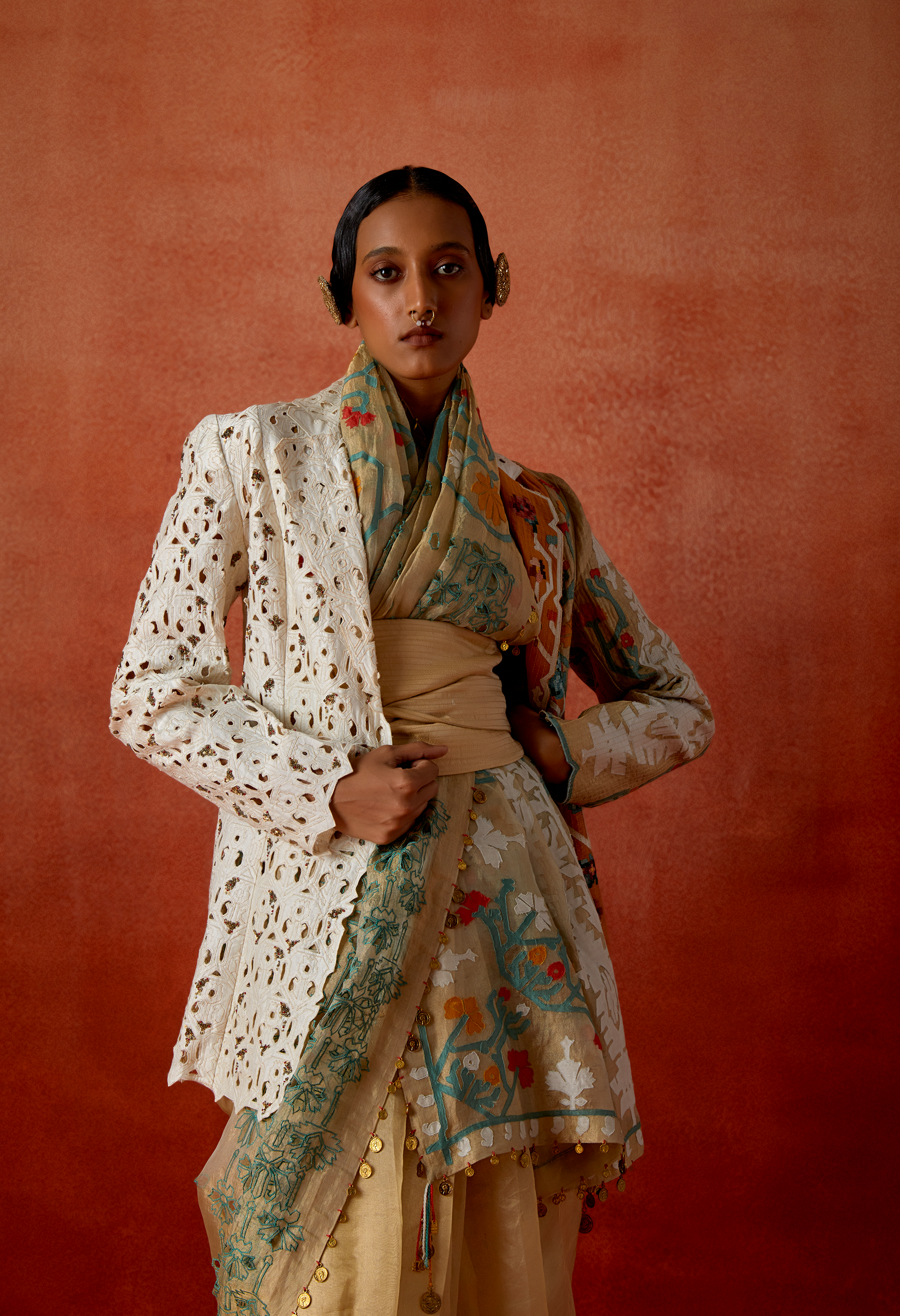 EMBROIDERED GOLD TISSUE SARI WITH TRI COLORED KNOTCH COLLAR JACKET AND BELT