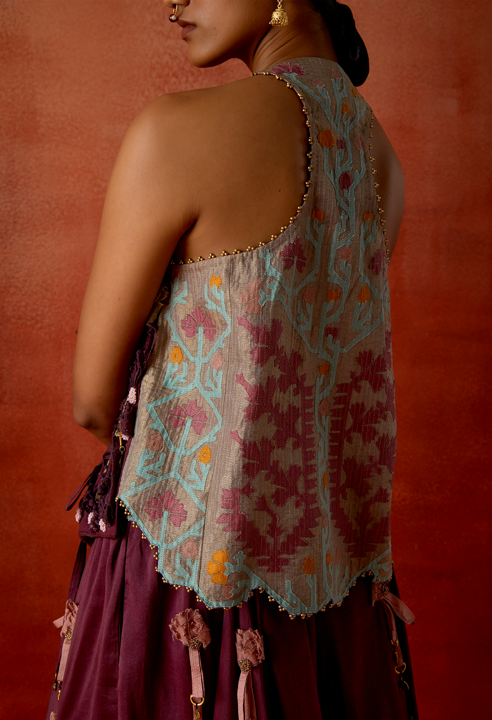 POMEGRANATE EMB DOUBLE LABEL JACKET WITH GOLD DRAPED SKIRT