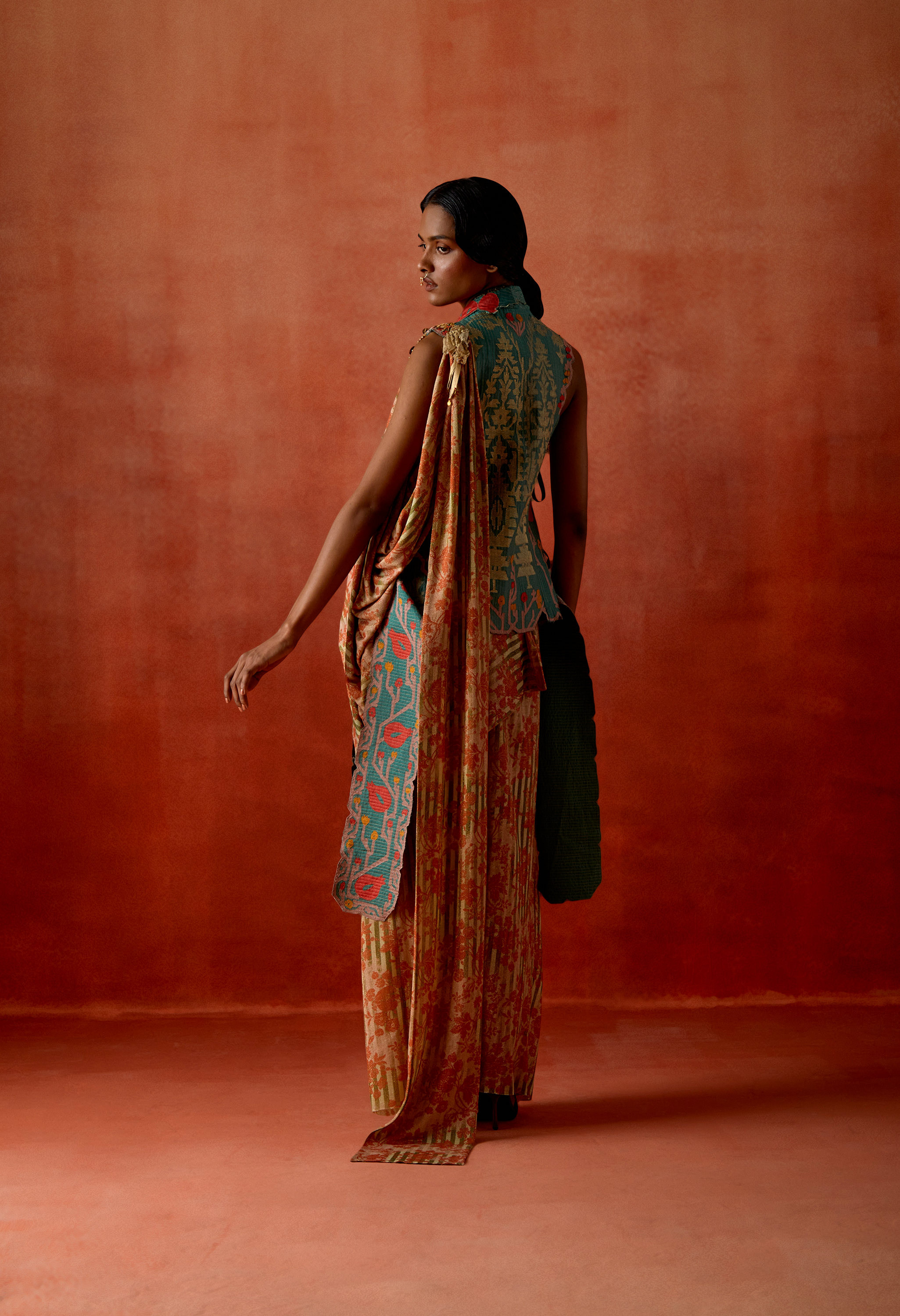 POMEGRANATE EMB DOUBLE LABEL JACKET WITH GOLD DRAPED SKIRT