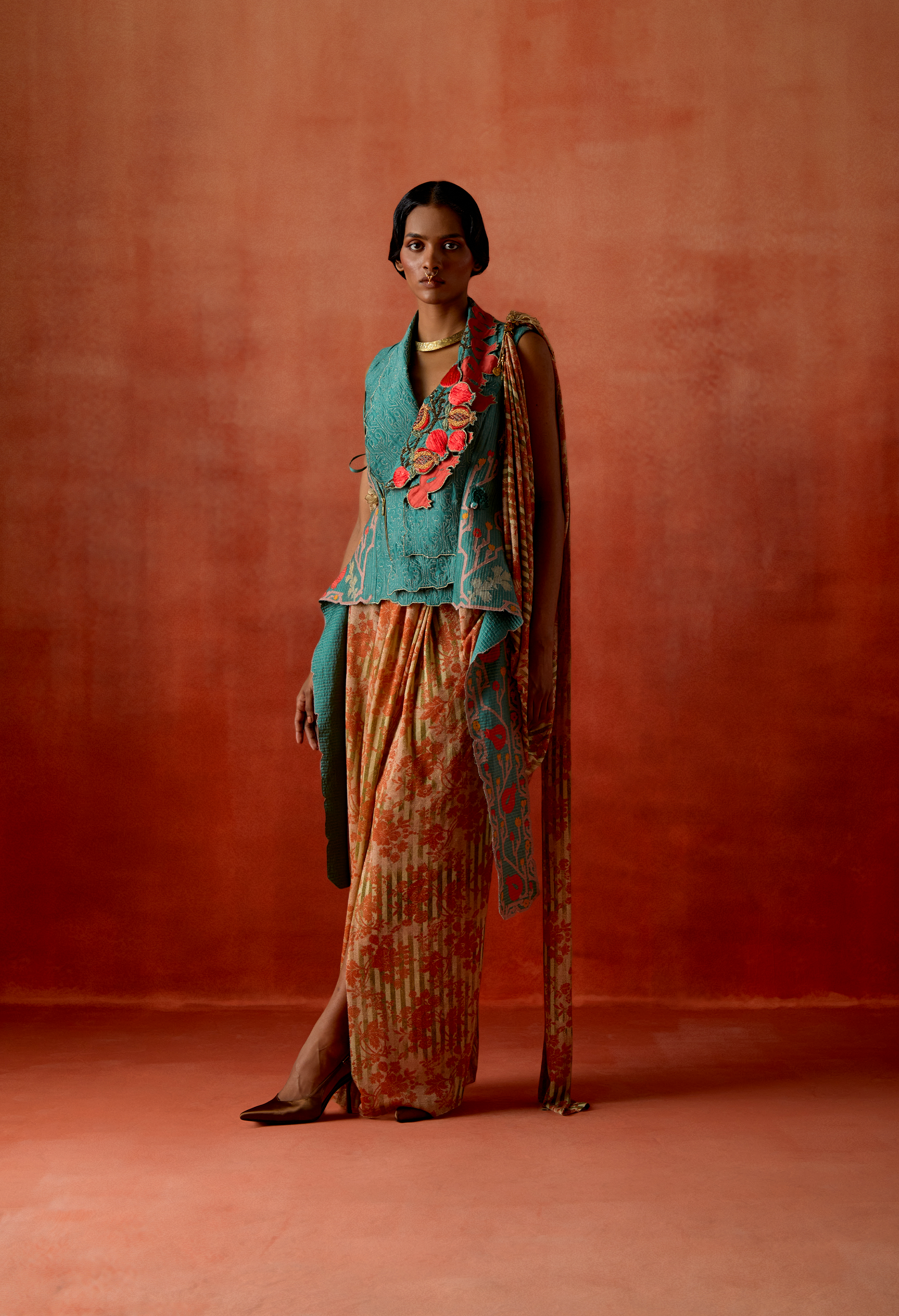 POMEGRANATE EMB DOUBLE LABEL JACKET WITH GOLD DRAPED SKIRT