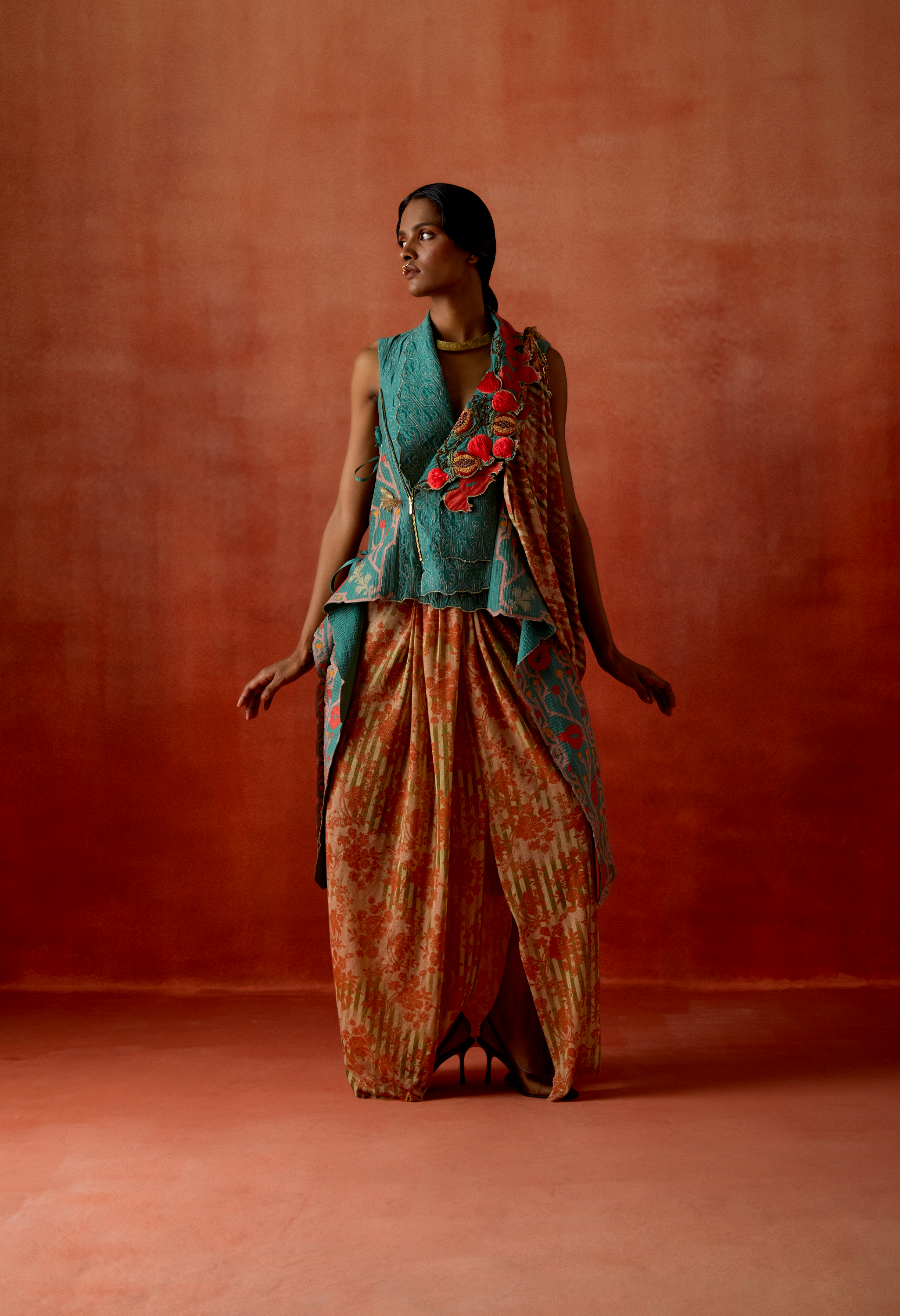 POMEGRANATE EMB DOUBLE LABEL JACKET WITH GOLD DRAPED SKIRT