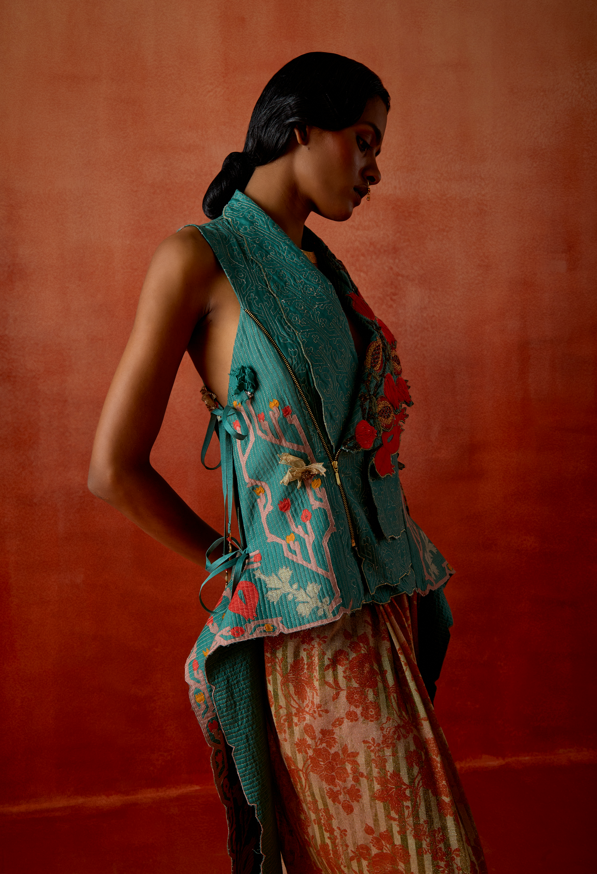 POMEGRANATE EMB DOUBLE LABEL JACKET WITH GOLD DRAPED SKIRT