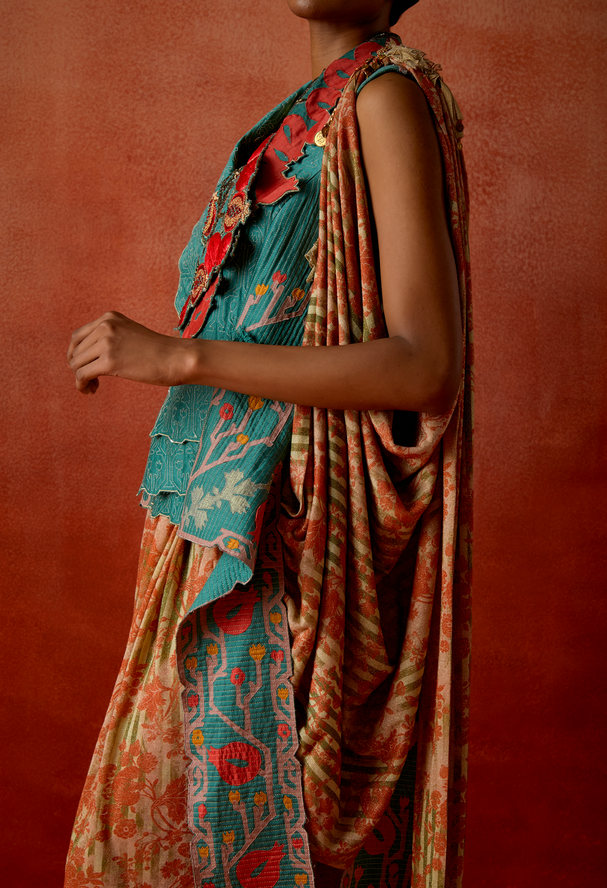 POMEGRANATE EMB DOUBLE LABEL JACKET WITH GOLD DRAPED SKIRT