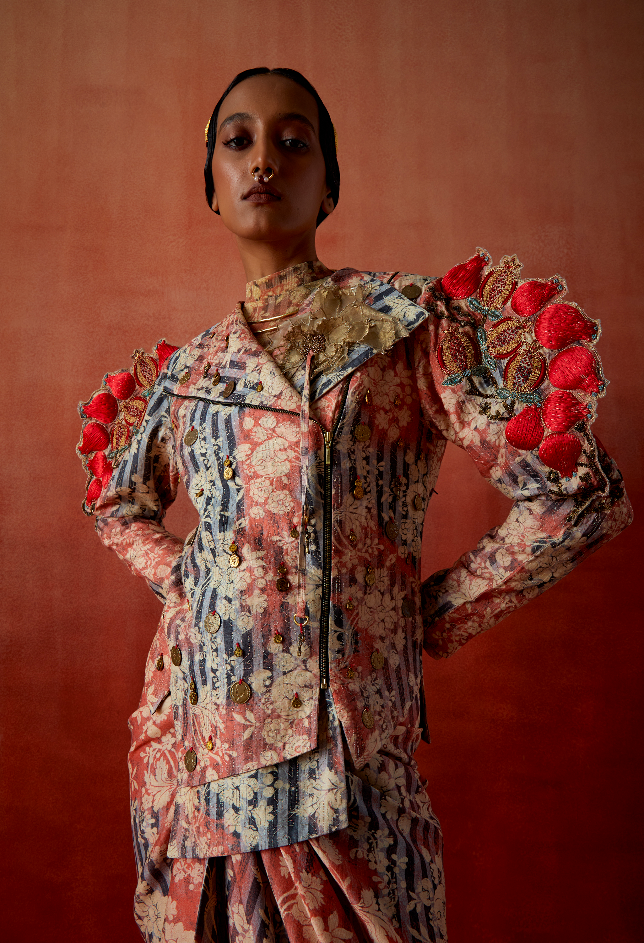 3D POMEGRANATE EMB QUILTED JACKET WITH PULL UP KNOTTED SKIRT