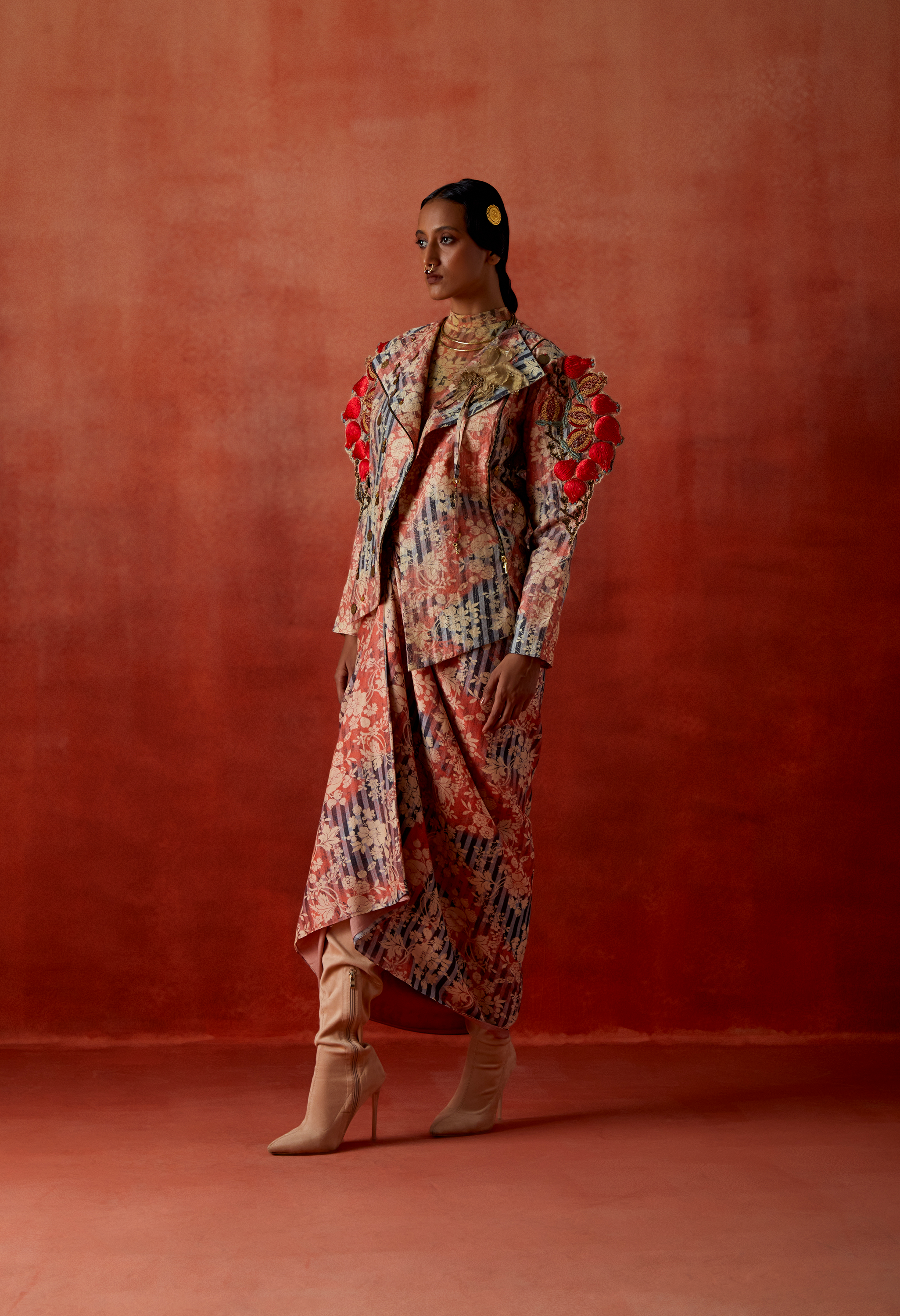 3D POMEGRANATE EMB QUILTED JACKET WITH PULL UP KNOTTED SKIRT