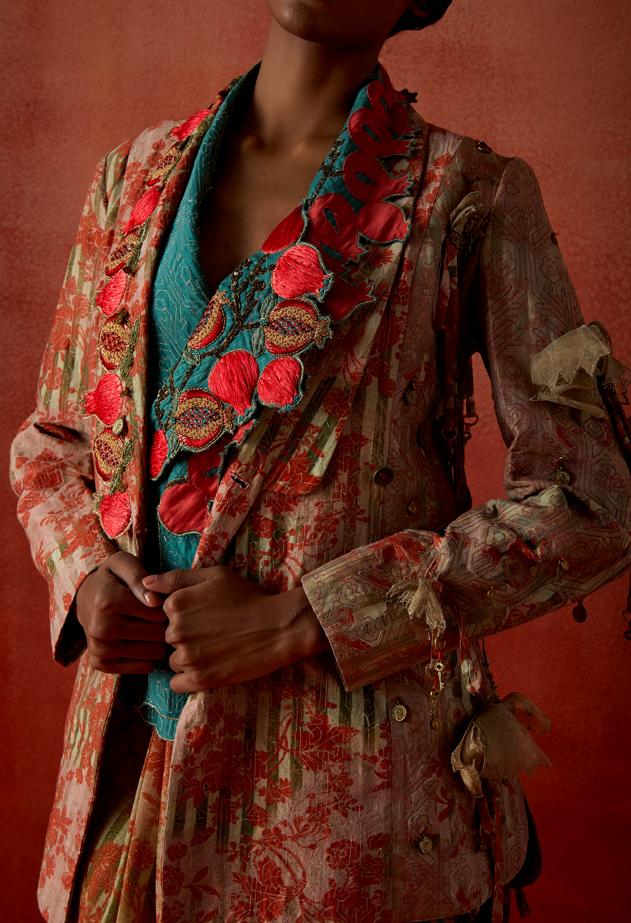 POMEGRANATE EMB DOUBLE LAPEL JACKET WITH GOLD DRAPED SKIRT + POMOGRANATE EMB LAPEL DOUBLE BREASTED JACKET