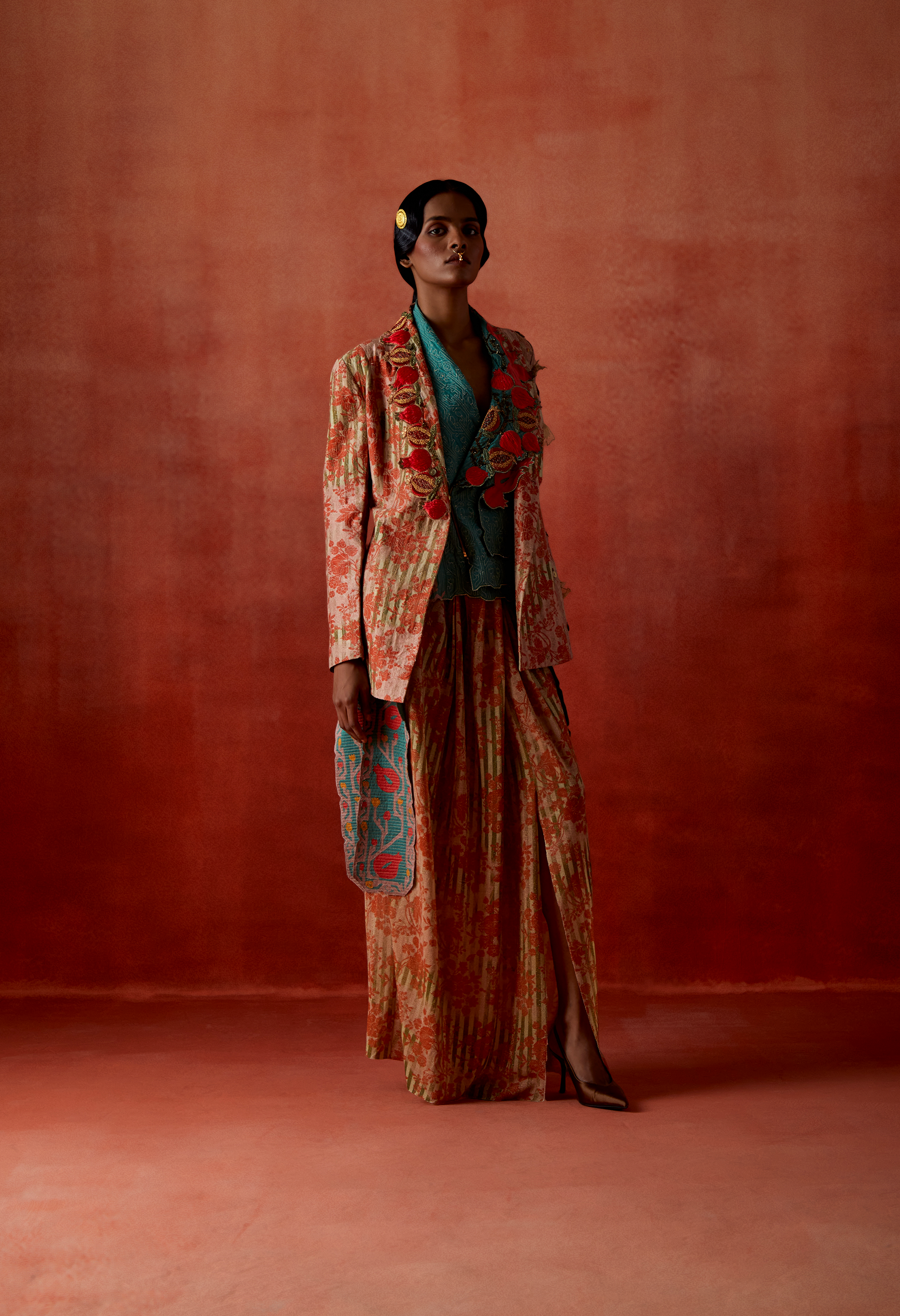 POMEGRANATE EMB DOUBLE LAPEL JACKET WITH GOLD DRAPED SKIRT + POMOGRANATE EMB LAPEL DOUBLE BREASTED JACKET