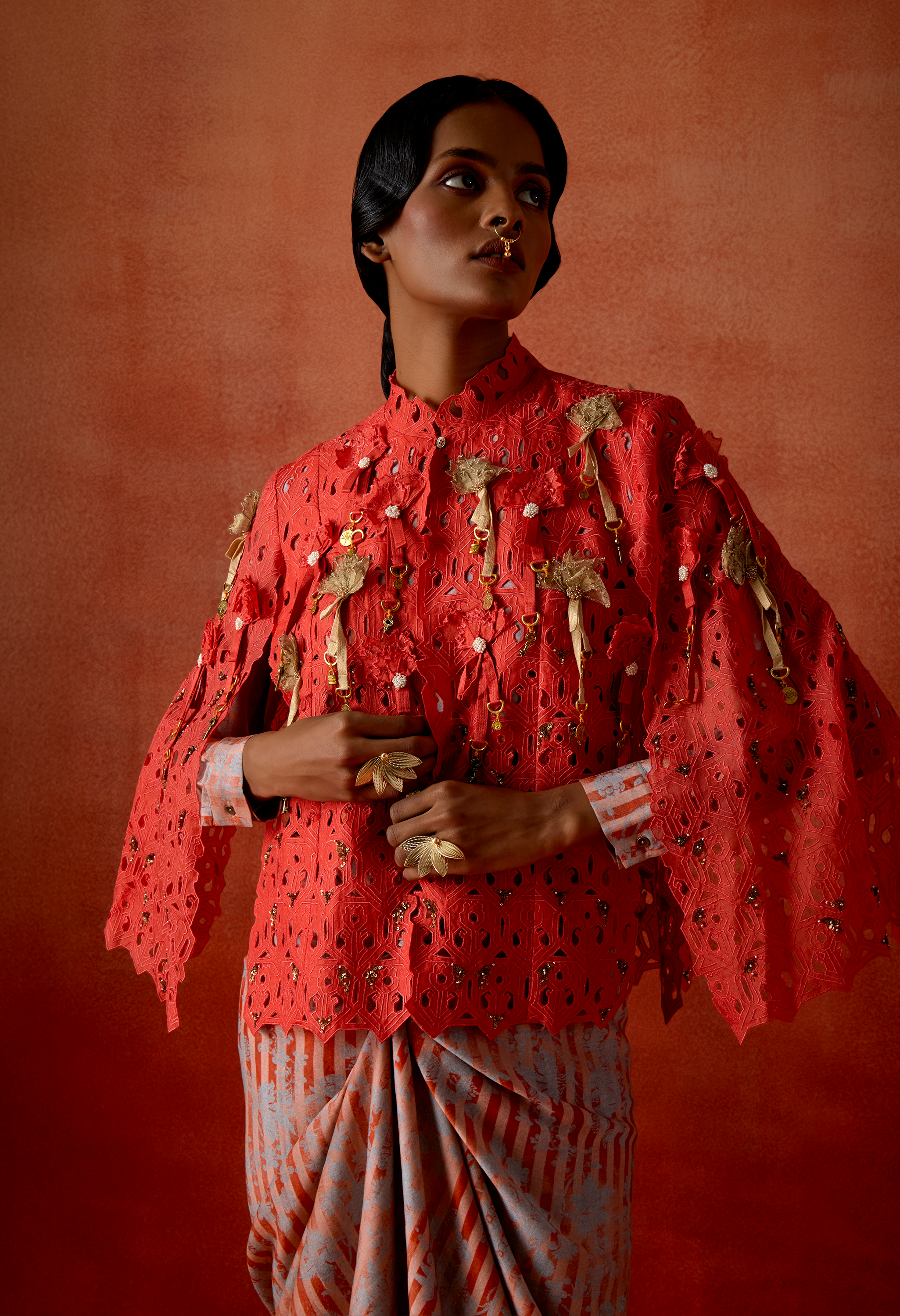 CUTWORK EMB CAPE WITH KNOTTED PULL UP DRESS