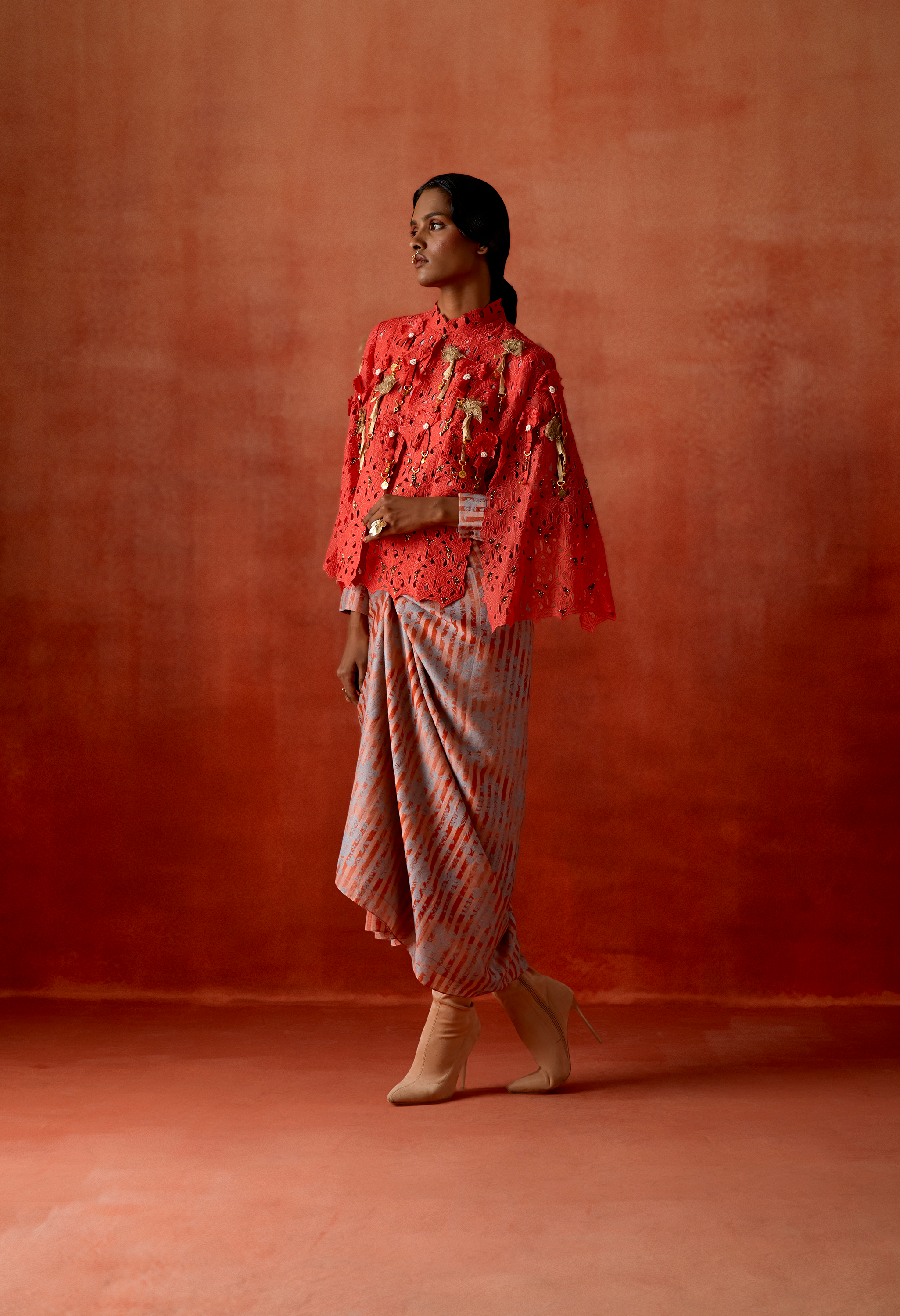 CUTWORK EMB CAPE WITH KNOTTED PULL UP DRESS