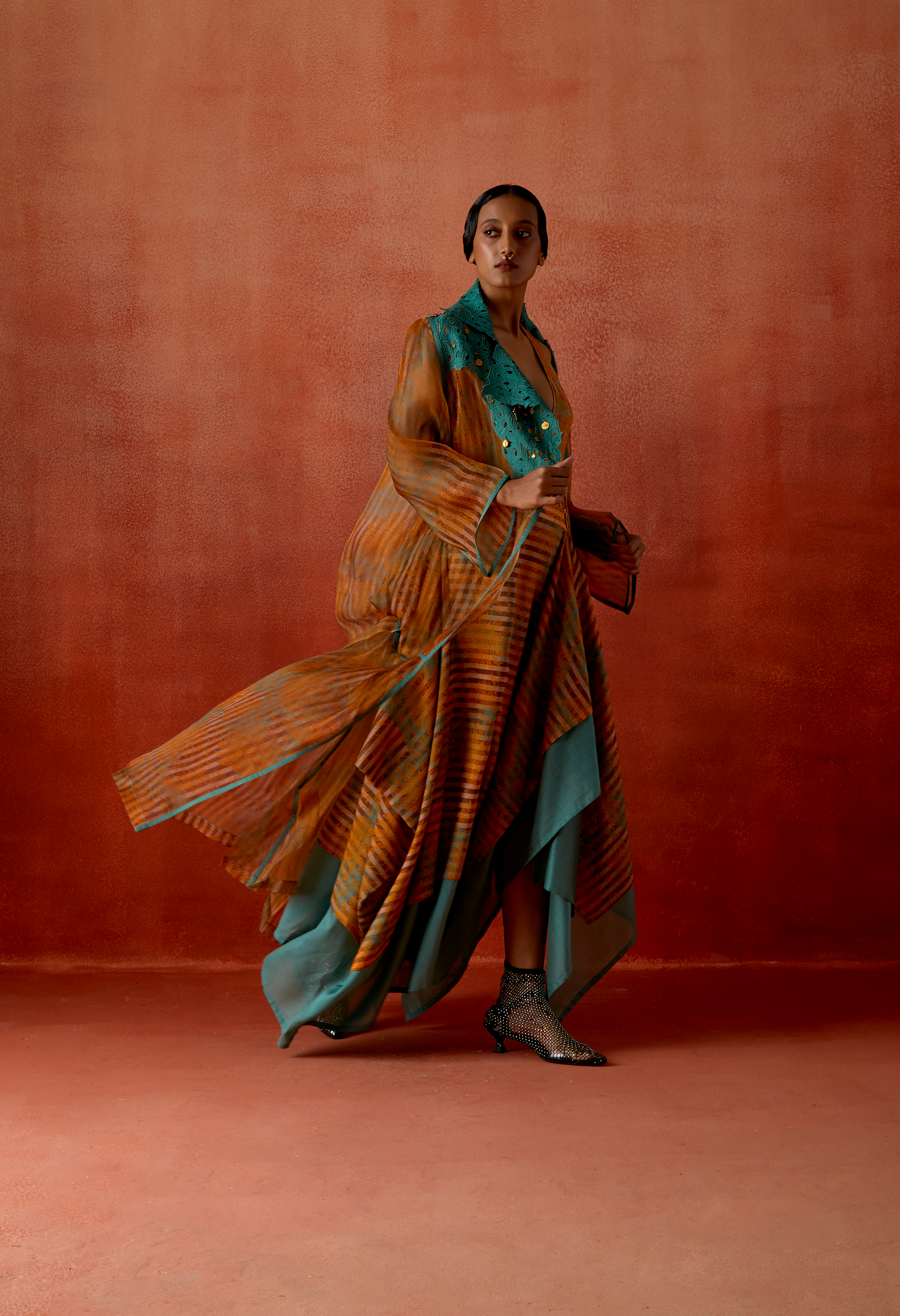 PRINTED DRAPED ORGANZA SHRUG WITH BODYSUIT AND ZIPPERED DOUBLE LAYERED SKIRT