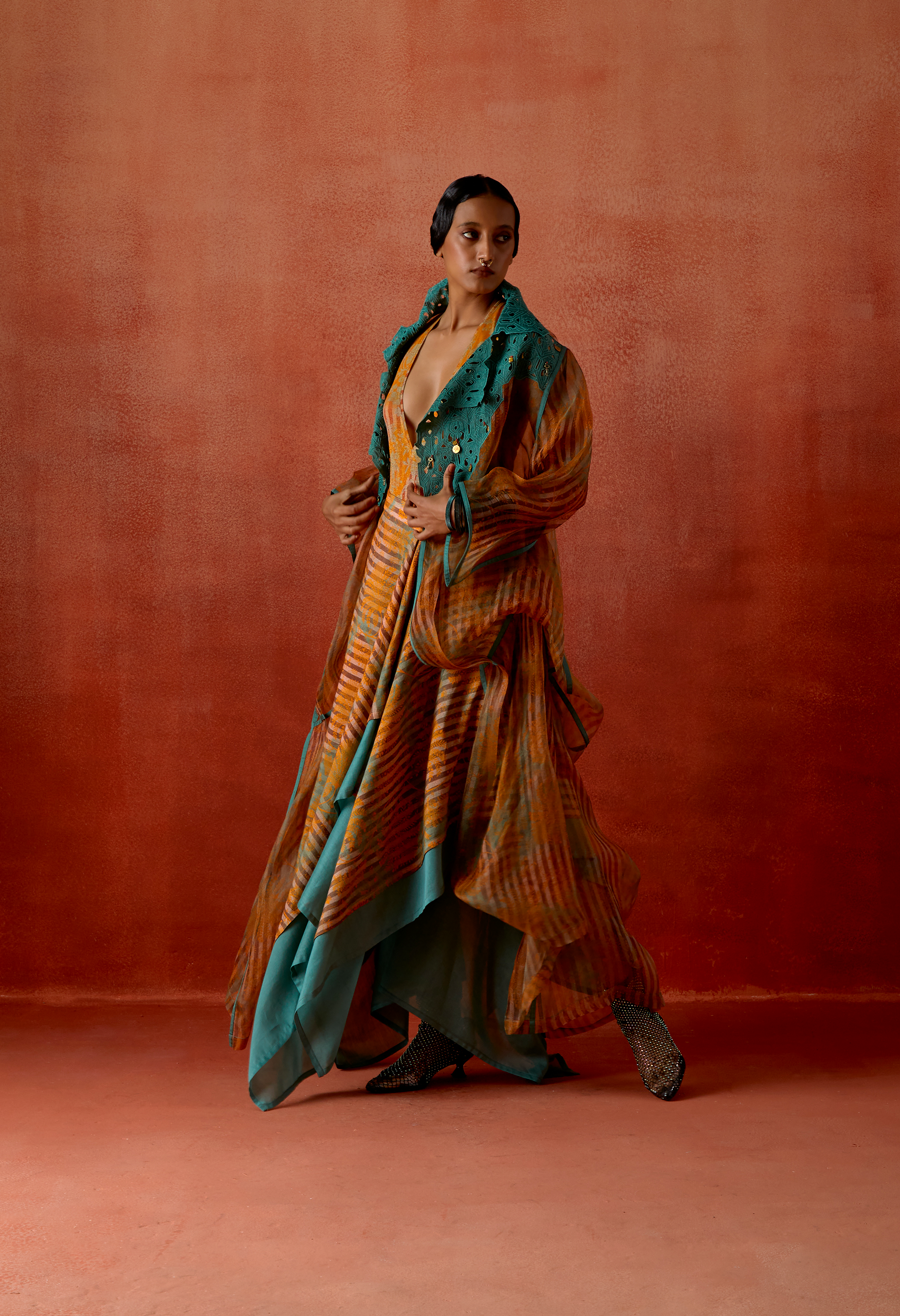 PRINTED DRAPED ORGANZA SHRUG WITH BODYSUIT AND ZIPPERED DOUBLE LAYERED SKIRT