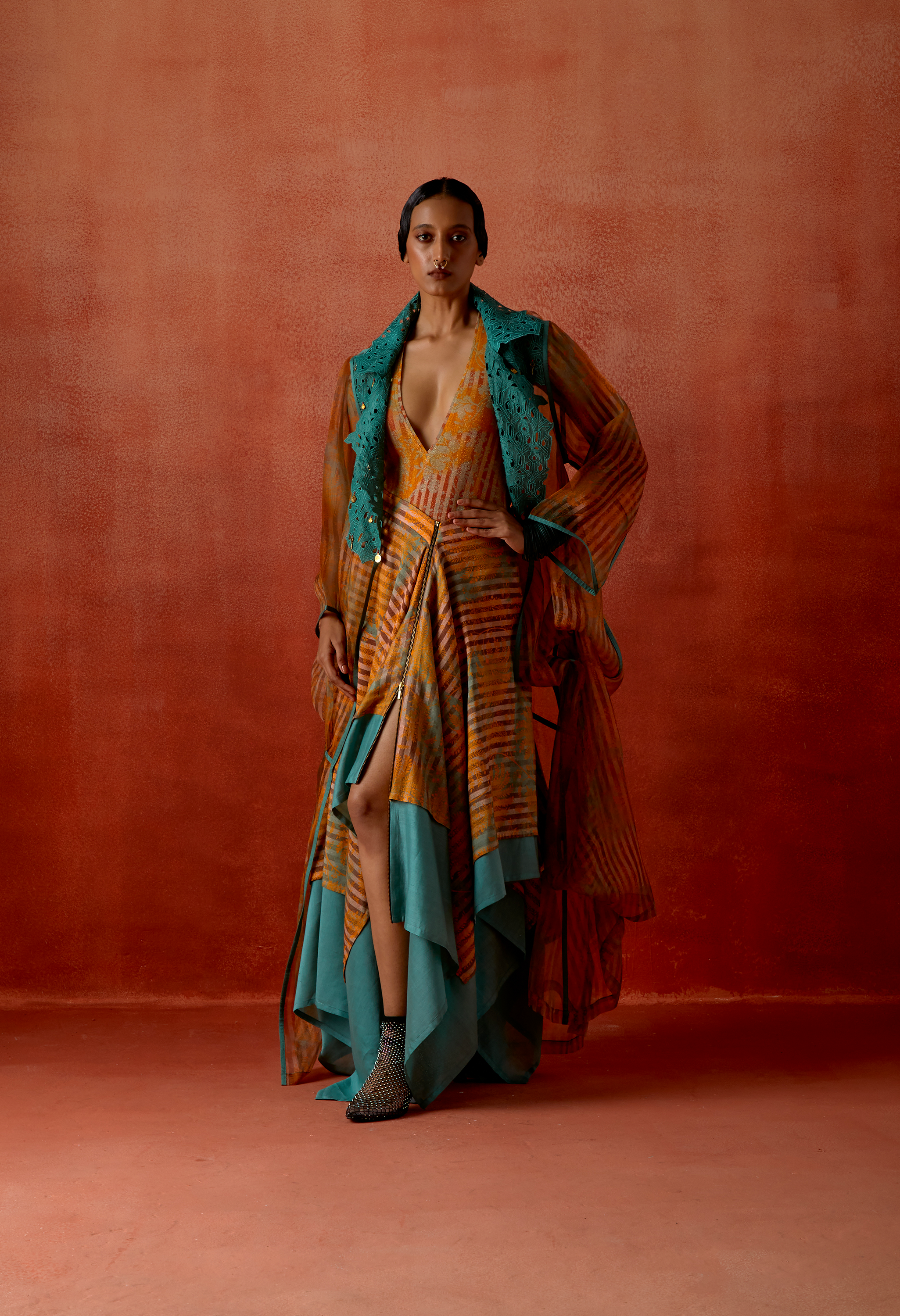 PRINTED DRAPED ORGANZA SHRUG WITH BODYSUIT AND ZIPPERED DOUBLE LAYERED SKIRT