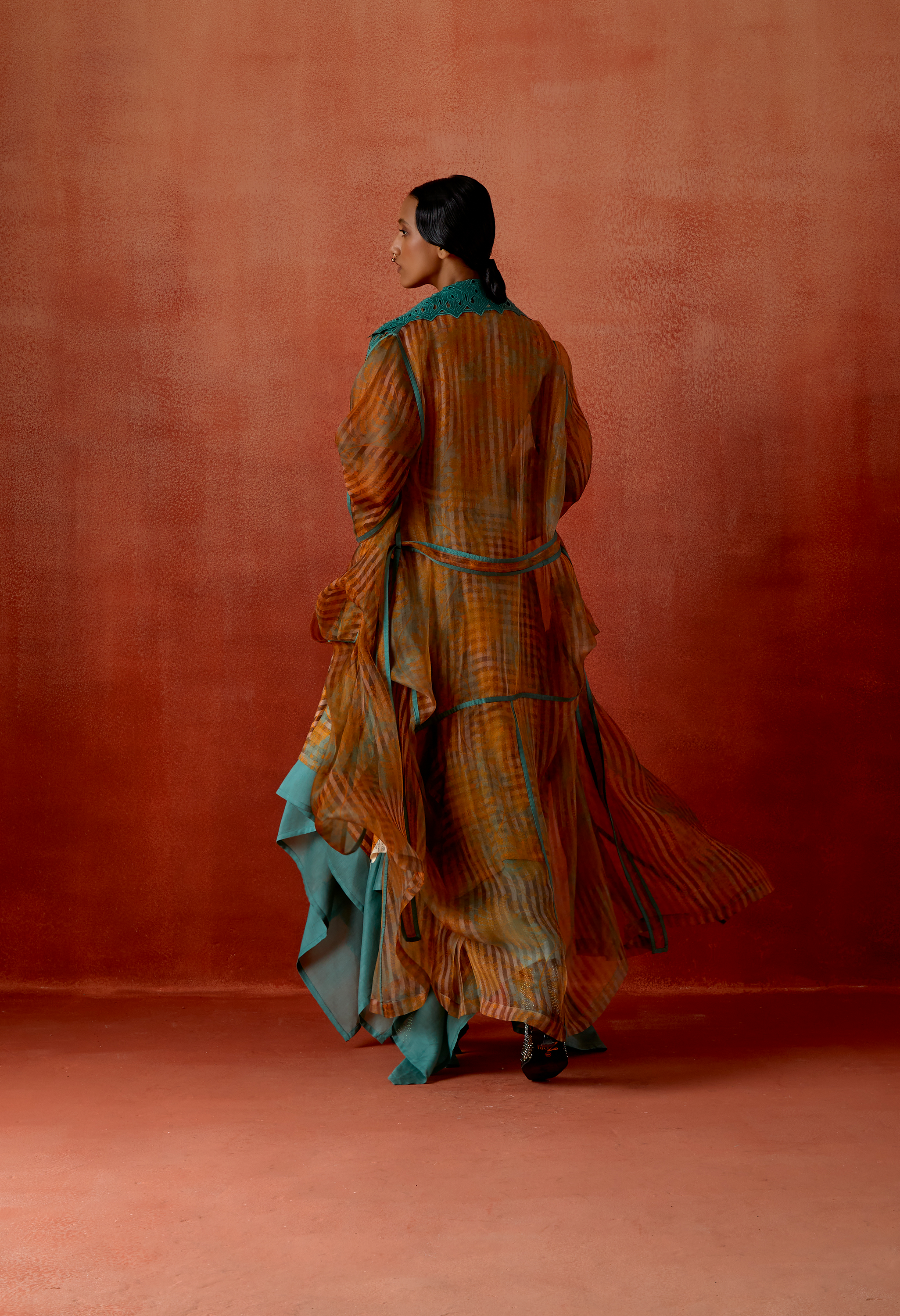 PRINTED DRAPED ORGANZA SHRUG WITH BODYSUIT AND ZIPPERED DOUBLE LAYERED SKIRT