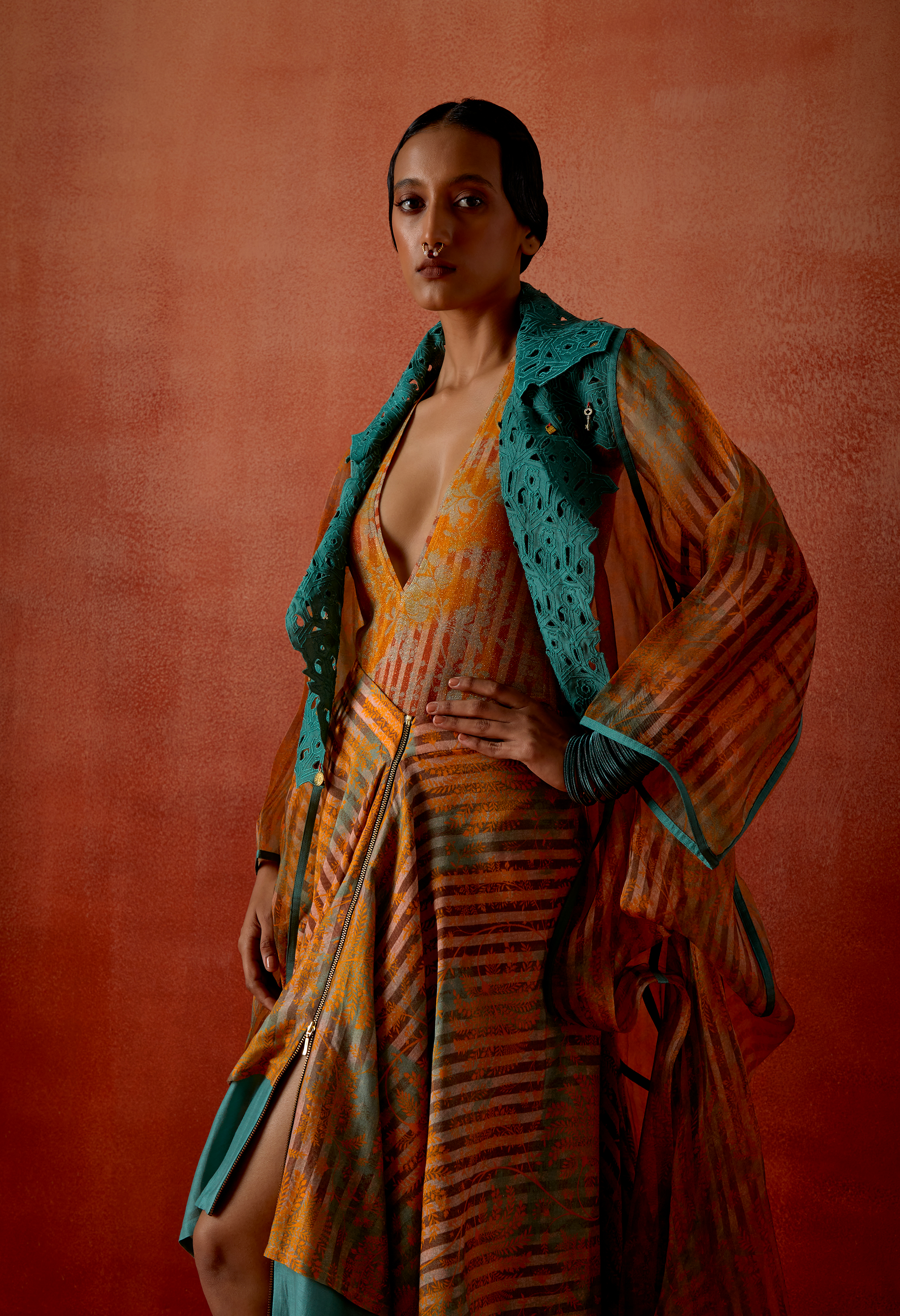 PRINTED DRAPED ORGANZA SHRUG WITH BODYSUIT AND ZIPPERED DOUBLE LAYERED SKIRT