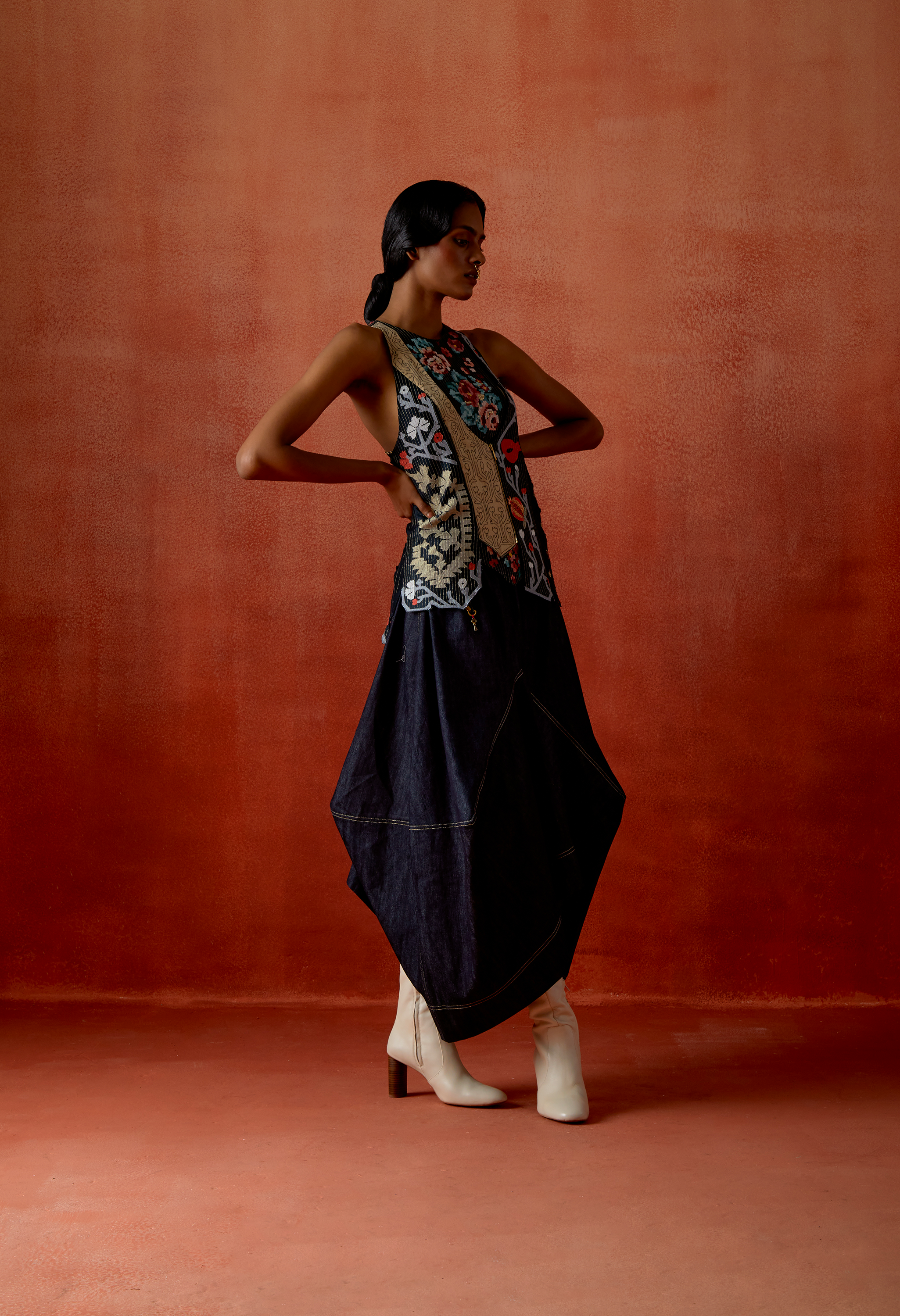 ANGRAKHA STYLE JACKET WITH ZIPPERED KURTA AND DENIM BARREL SKIRT
