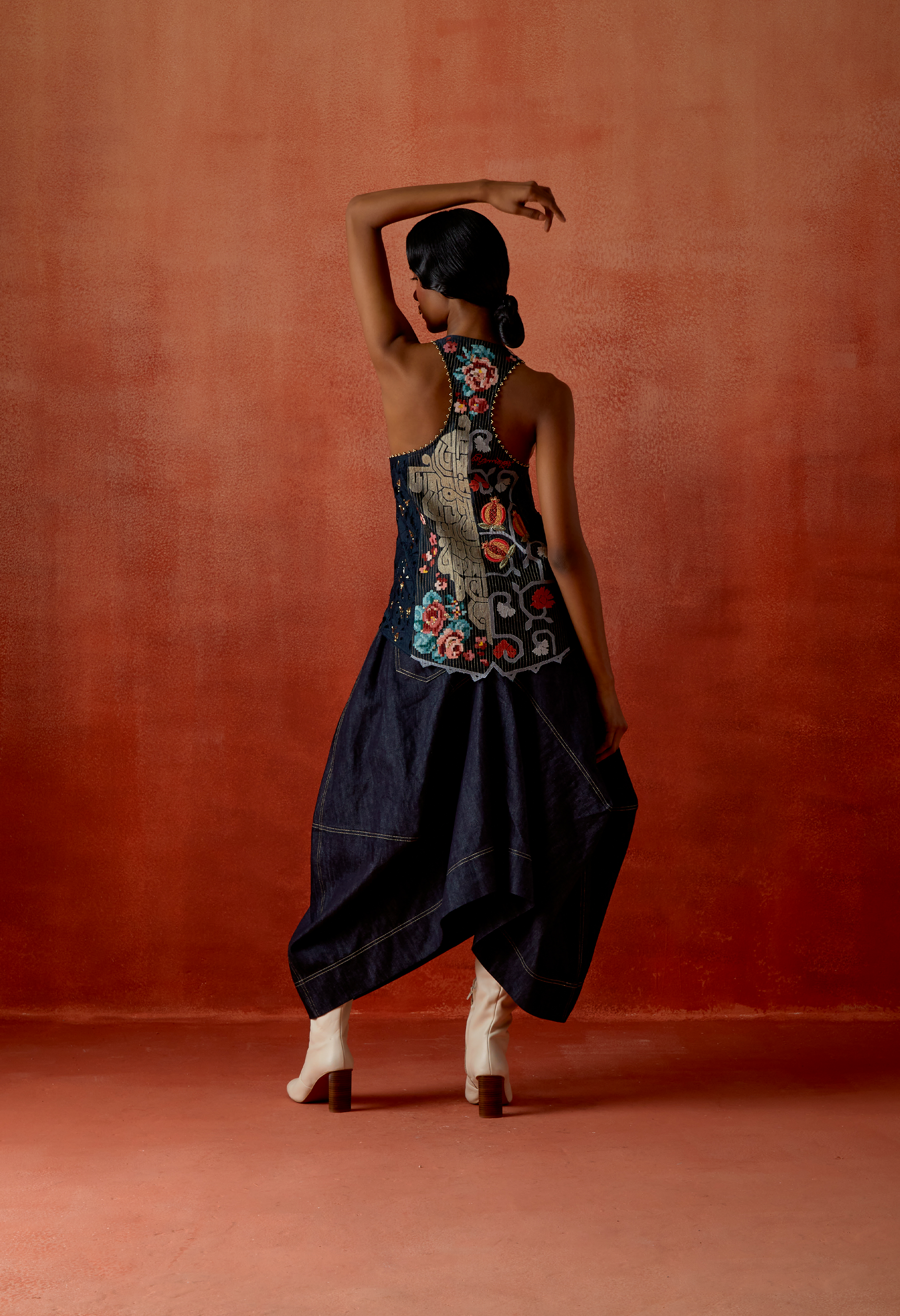 ANGRAKHA STYLE JACKET WITH ZIPPERED KURTA AND DENIM BARREL SKIRT