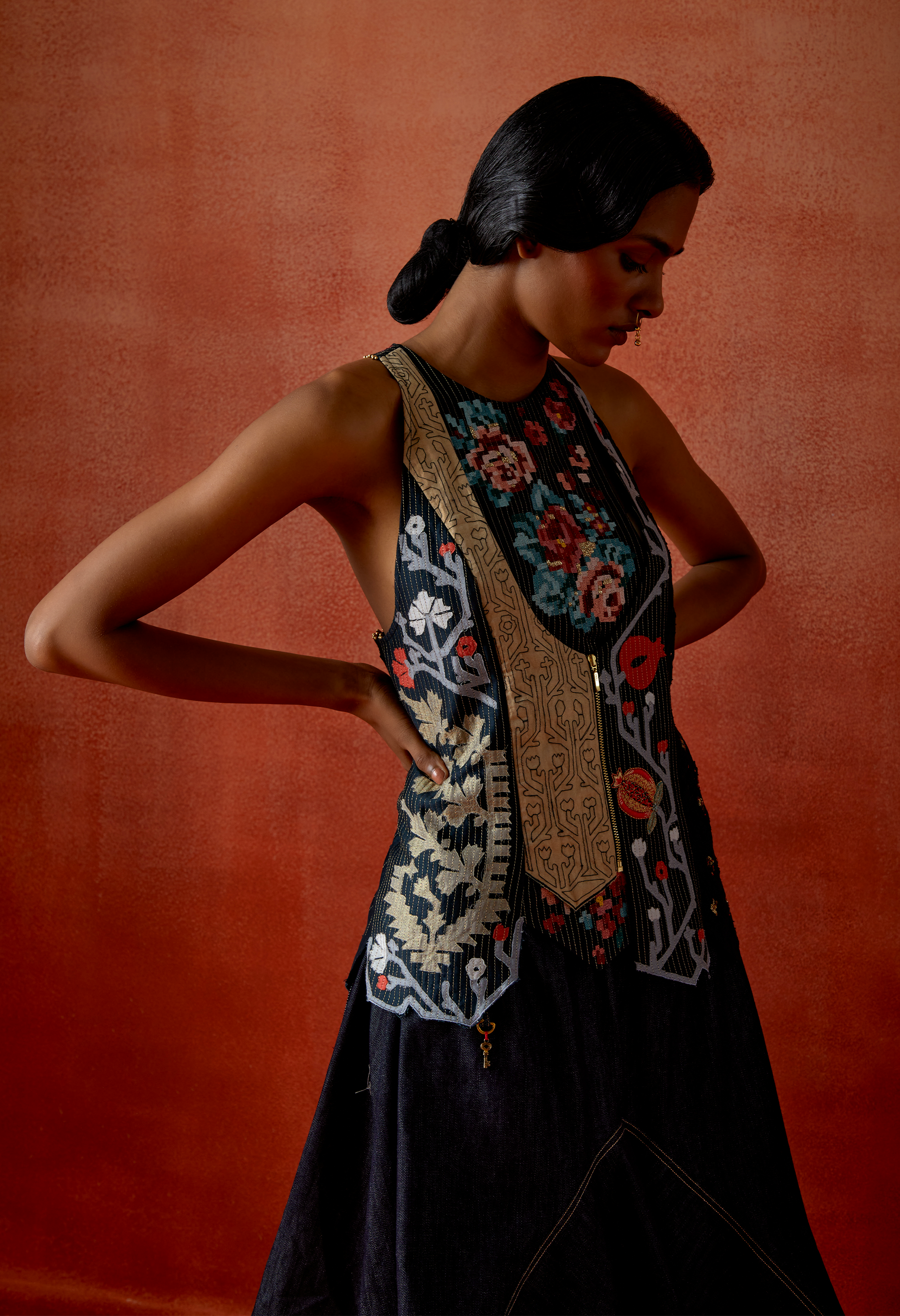 ANGRAKHA STYLE JACKET WITH ZIPPERED KURTA AND DENIM BARREL SKIRT