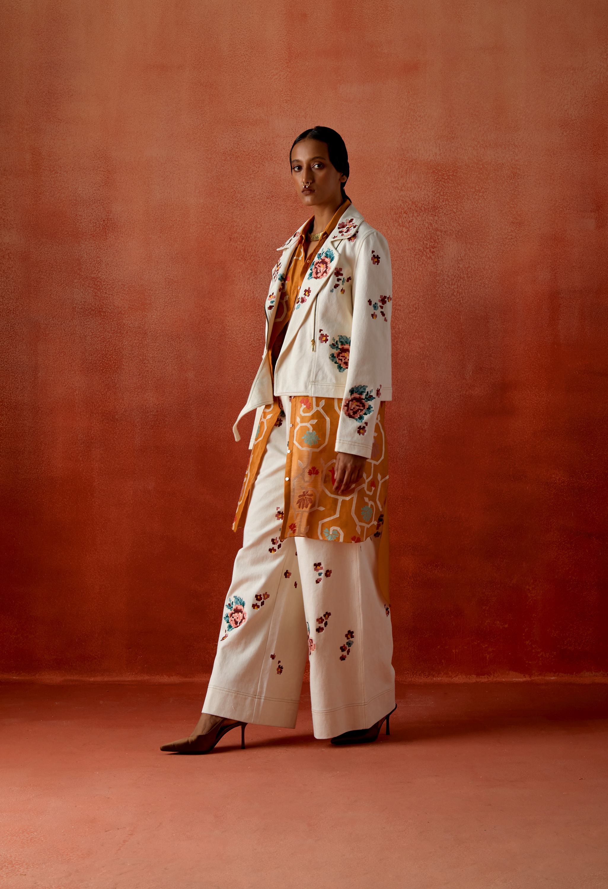 EMB DENIM BIKER JACKET WITH EMB DENIM PANTS + INNER EMB SHIRT