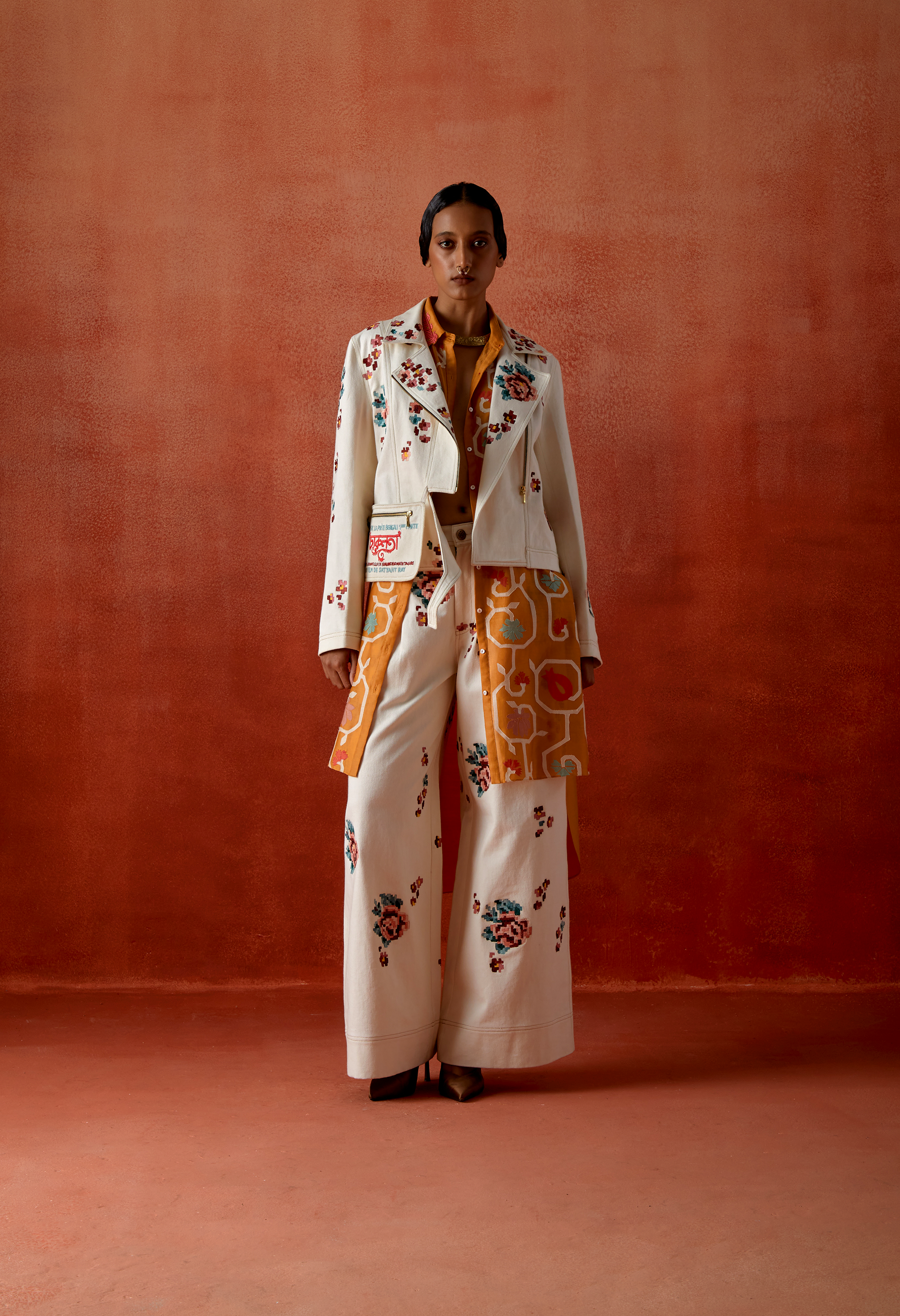 EMB DENIM BIKER JACKET WITH EMB DENIM PANTS + INNER EMB SHIRT