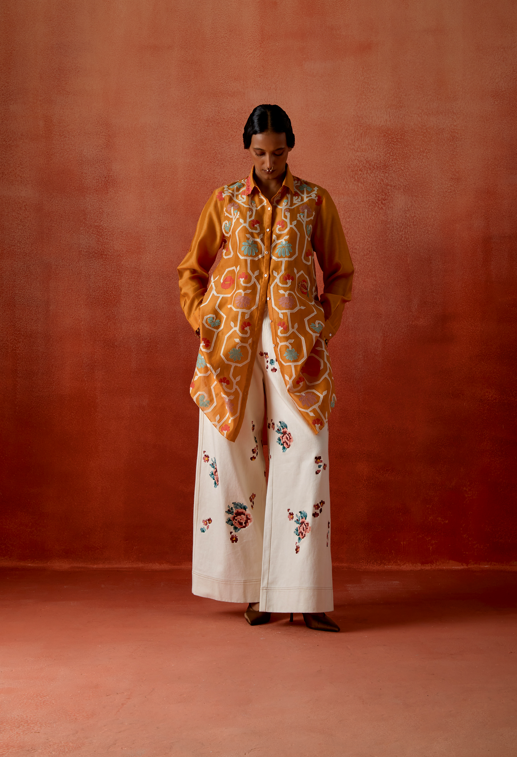 EMB DENIM BIKER JACKET WITH EMB DENIM PANTS + INNER EMB SHIRT