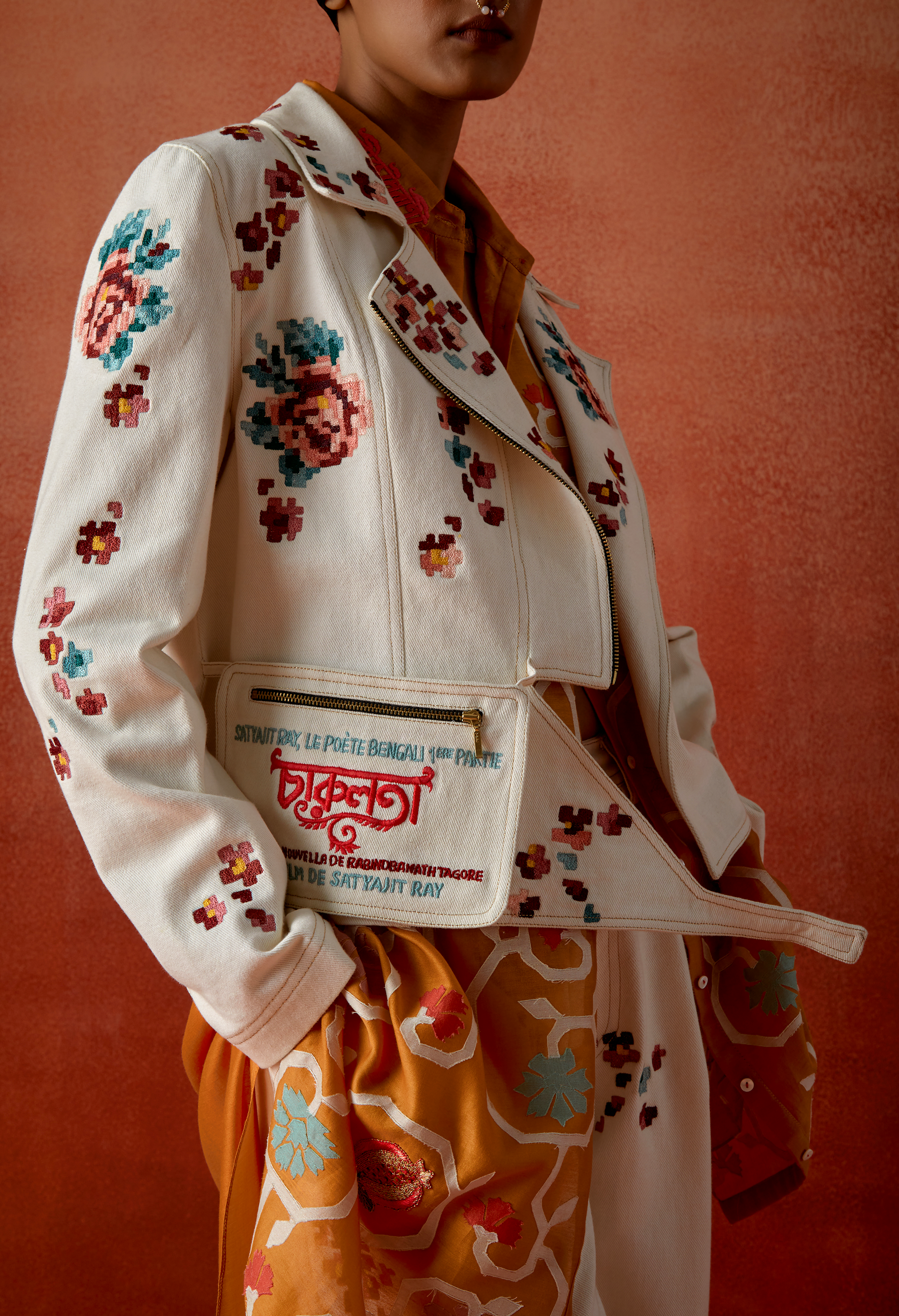 EMB DENIM BIKER JACKET WITH EMB DENIM PANTS + INNER EMB SHIRT