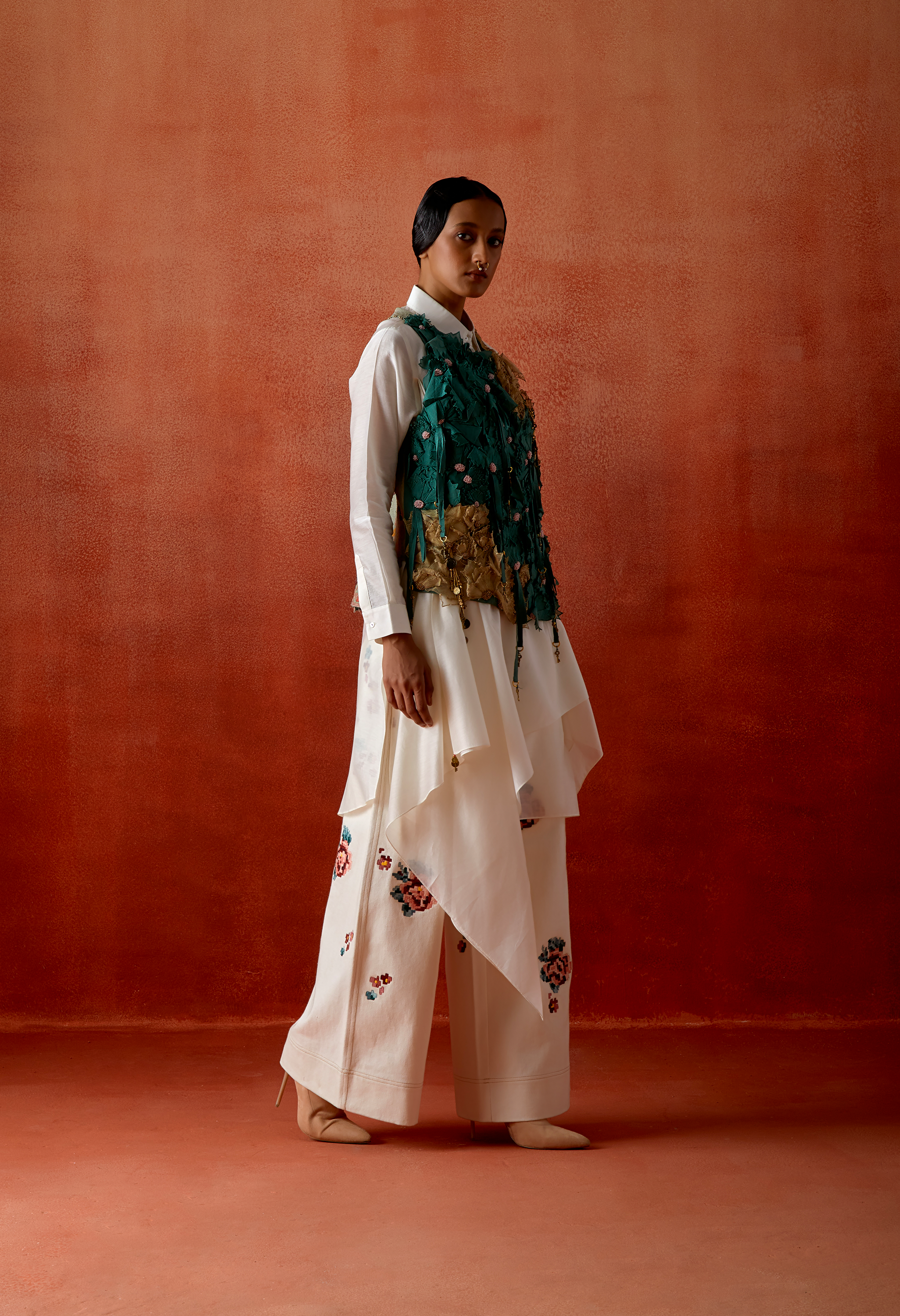 3D FLOWER RACER BACK JACKET WITH DRAPED SHIRT AND EMB DENIM PANTS