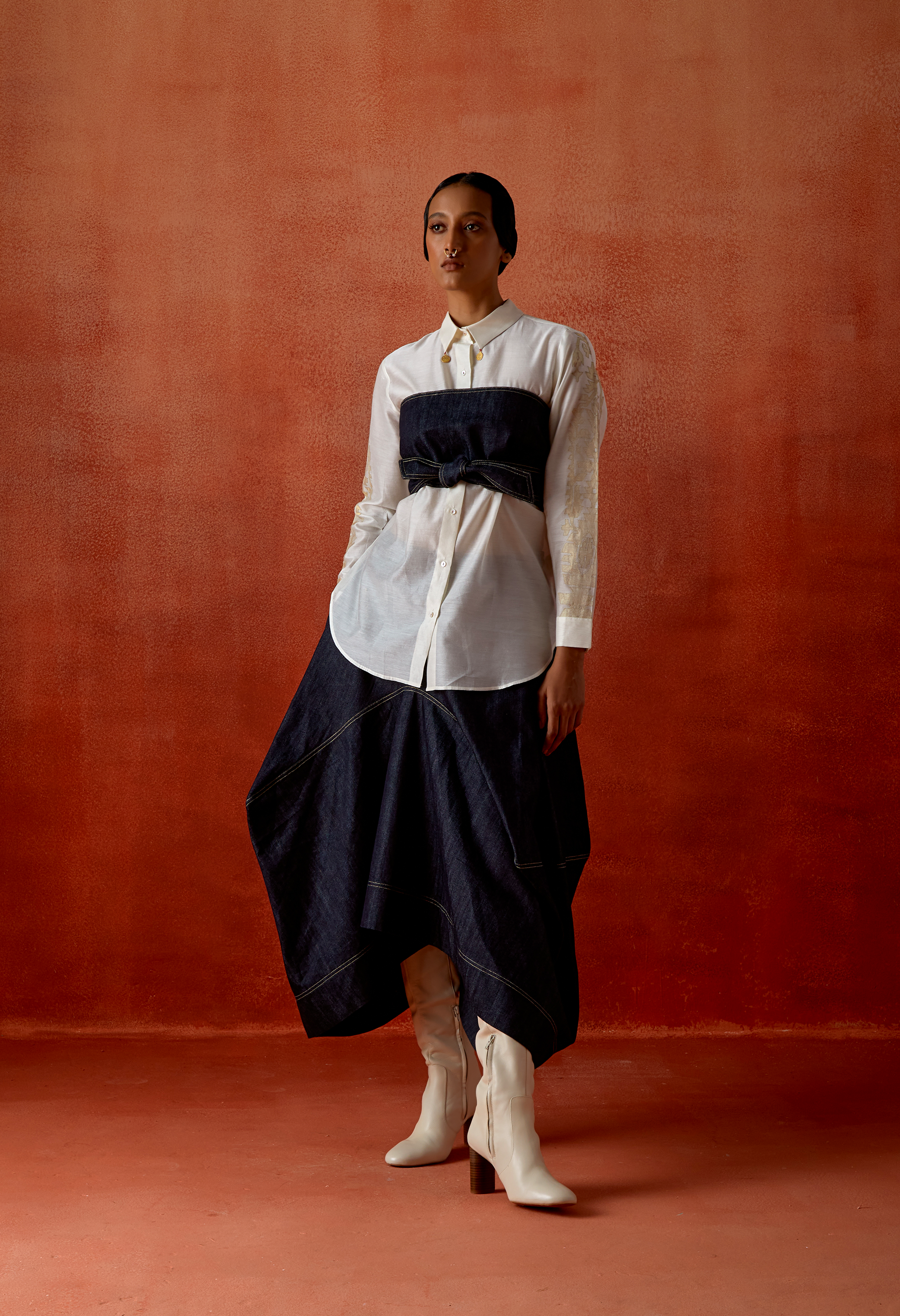 IVORY CHANDERI SHIRT + DENIM BARREL SKIRT + OB BELT