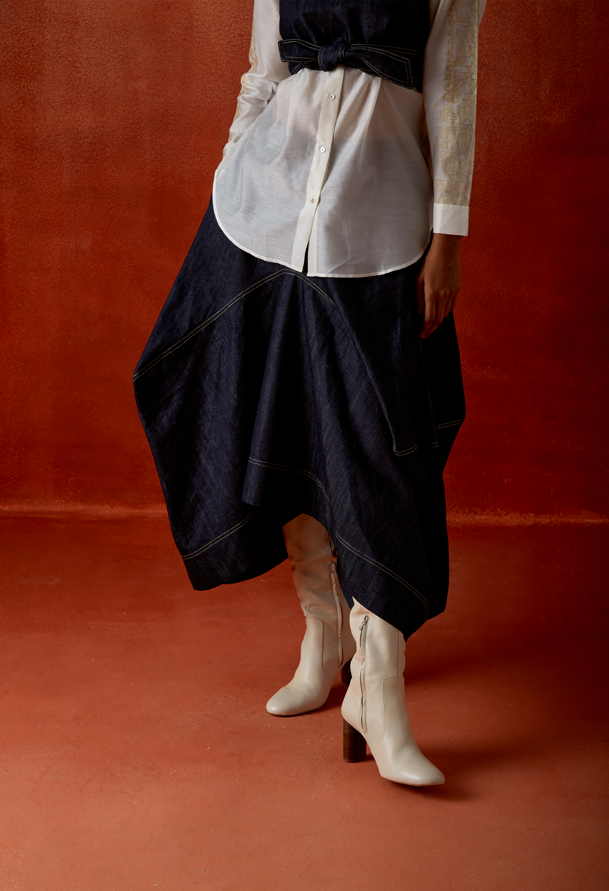 IVORY CHANDERI SHIRT + DENIM BARREL SKIRT + OB BELT