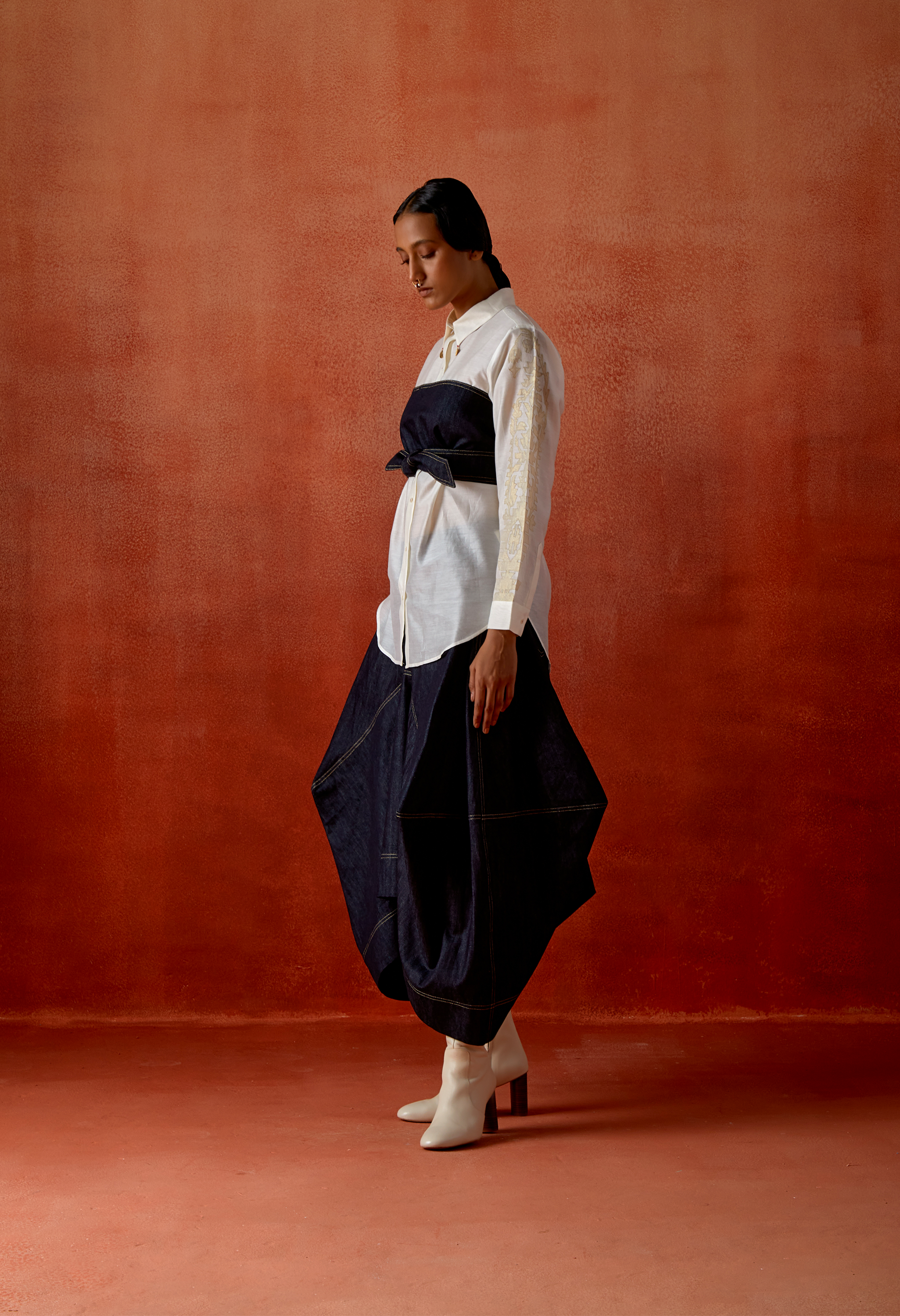IVORY CHANDERI SHIRT + DENIM BARREL SKIRT + OB BELT