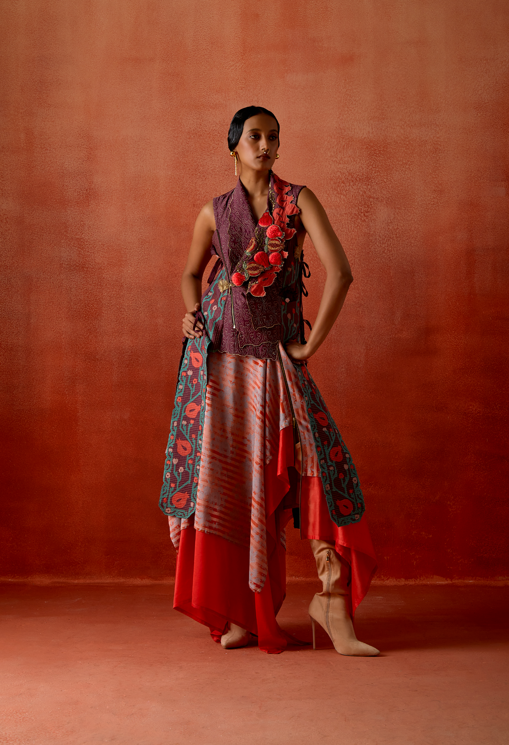 POMEGRANATE EMB DOUBLE LAPEL JACKET WITH ZIPPERED DOUBLE LAYERED SKIRT