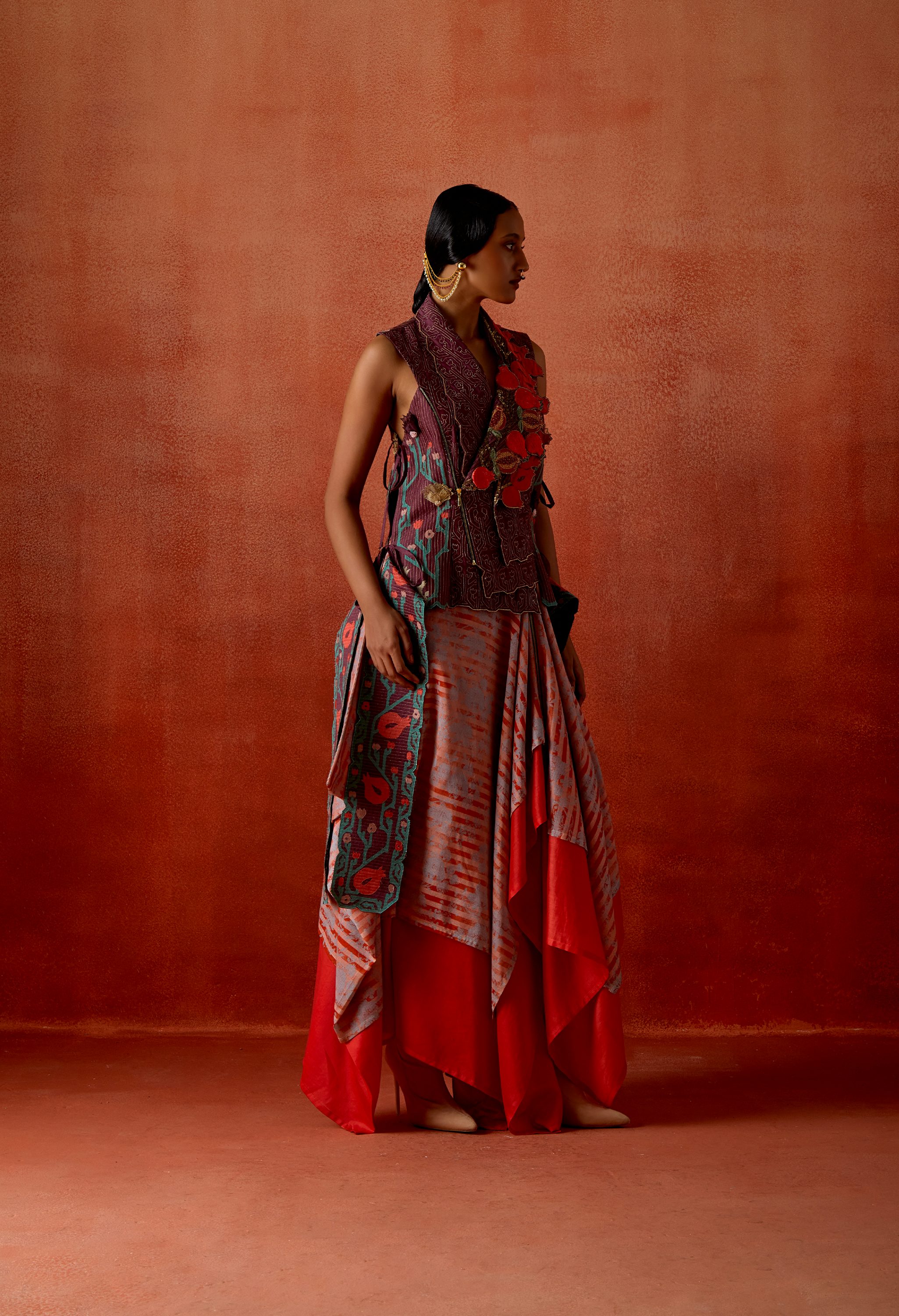 POMEGRANATE EMB DOUBLE LAPEL JACKET WITH ZIPPERED DOUBLE LAYERED SKIRT