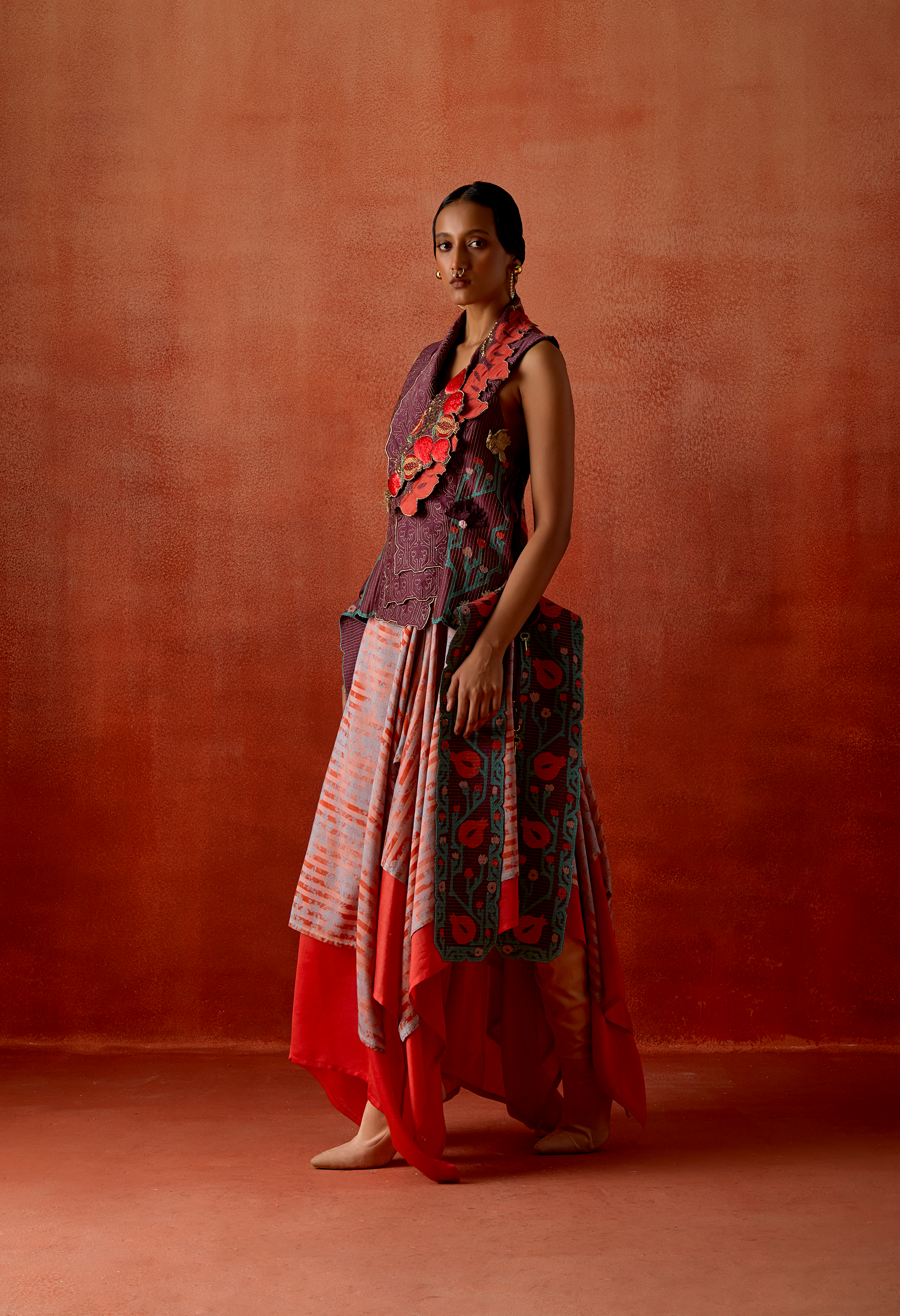 POMEGRANATE EMB DOUBLE LAPEL JACKET WITH ZIPPERED DOUBLE LAYERED SKIRT