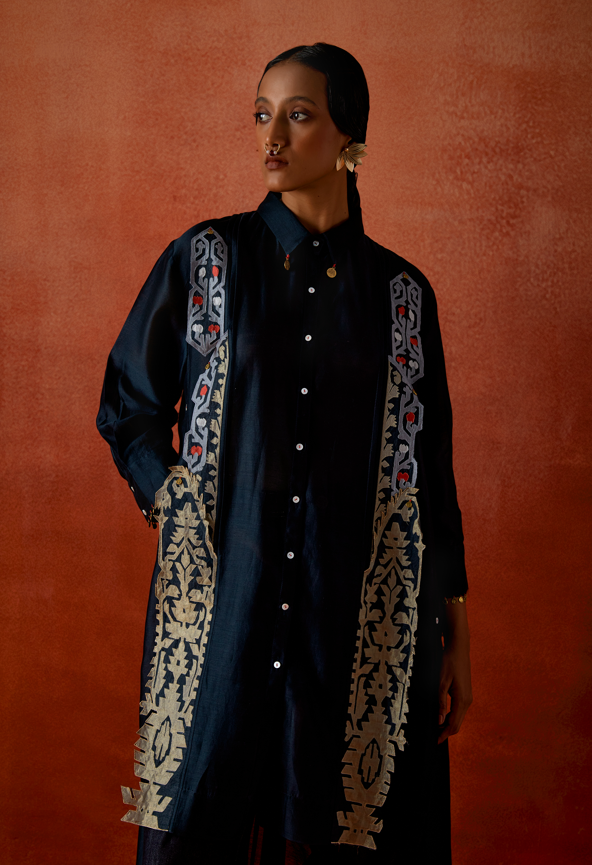 PLEATED SHIRT WITH EMB BOOTA DENIM PANTS	SHIRT + PANTS