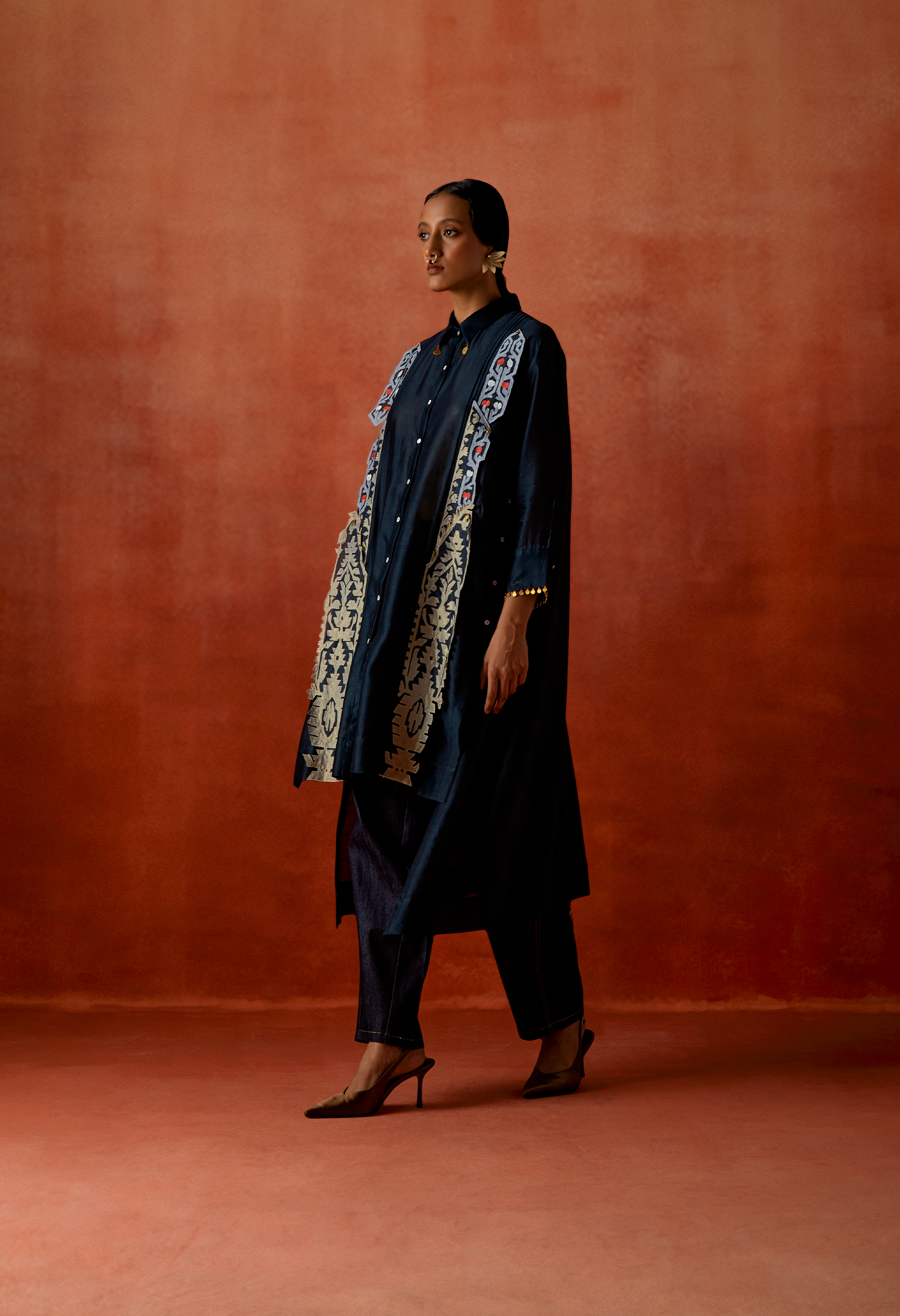 PLEATED SHIRT WITH EMB BOOTA DENIM PANTS	SHIRT + PANTS