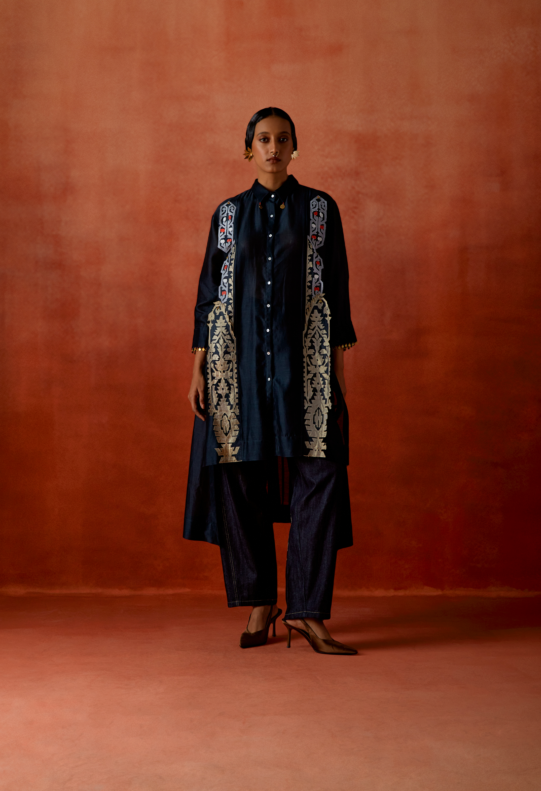 PLEATED SHIRT WITH EMB BOOTA DENIM PANTS	SHIRT + PANTS