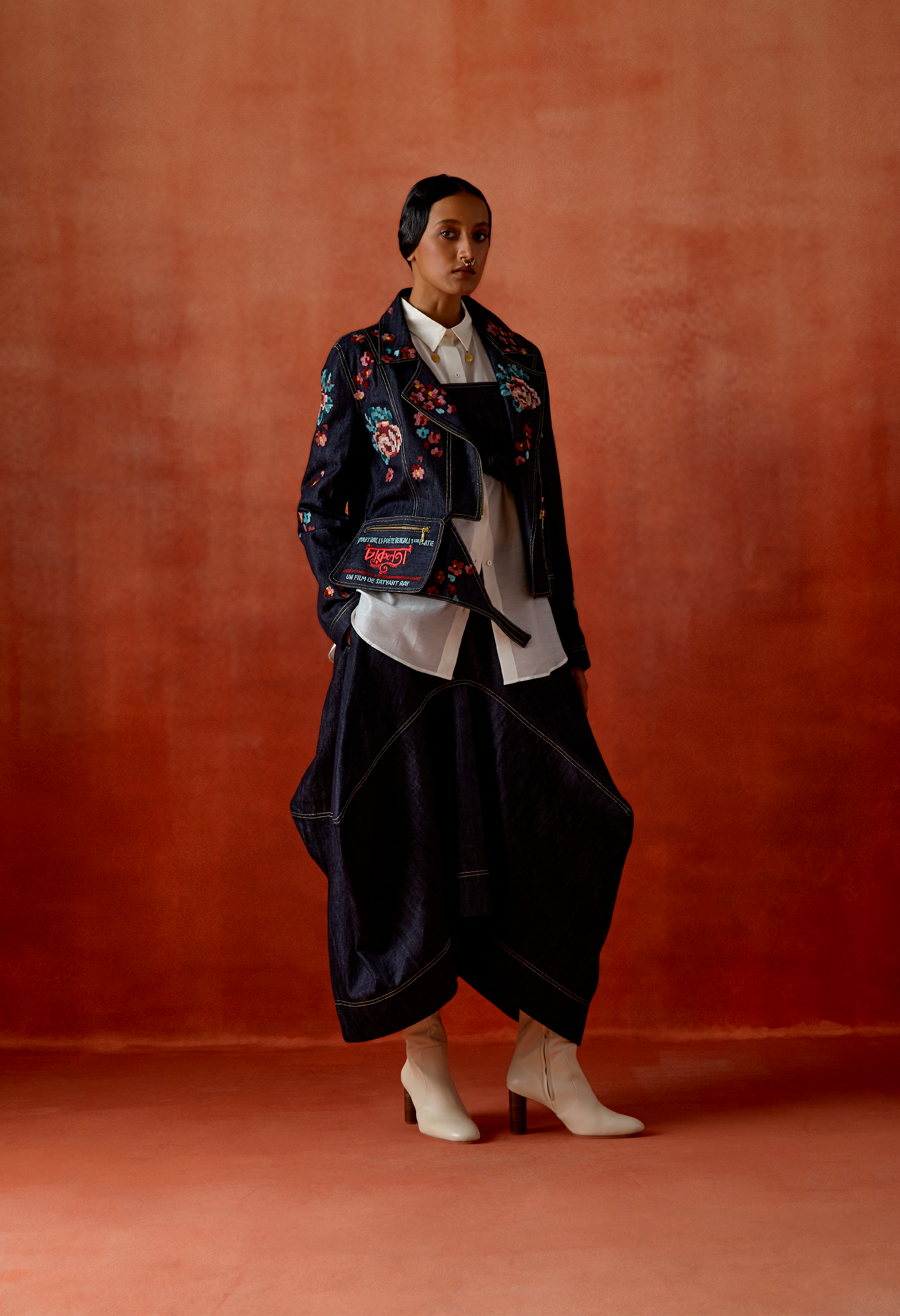 EMB DENIM BIKER JACKET WITH IVORY CHANDERI SHIRT + DENIM BARREL SKIRT + OB BELT