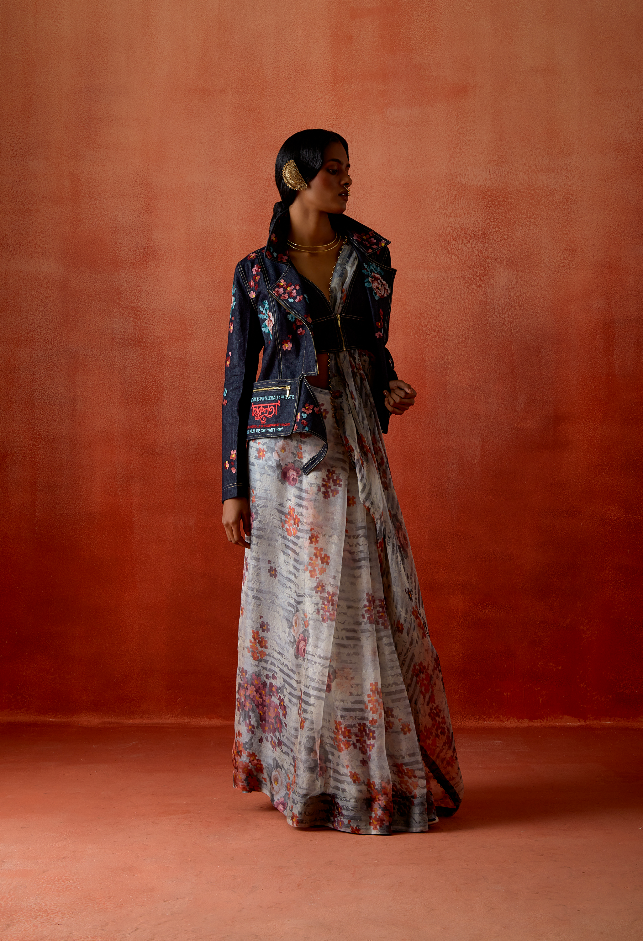 PRINTED ORGANZA SARI WITH EMB DENIM BIKER JACKET
