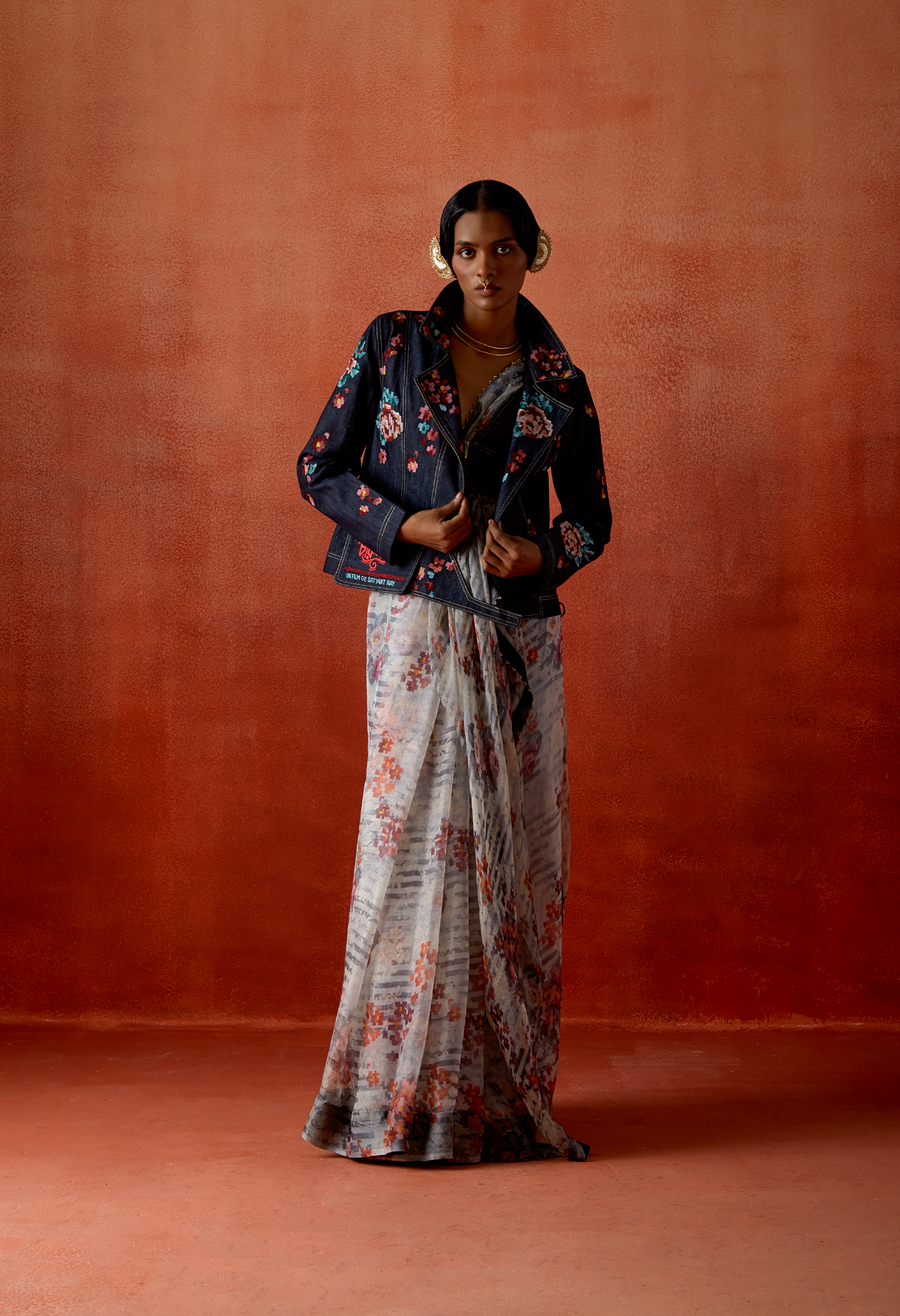 PRINTED ORGANZA SARI WITH EMB DENIM BIKER JACKET