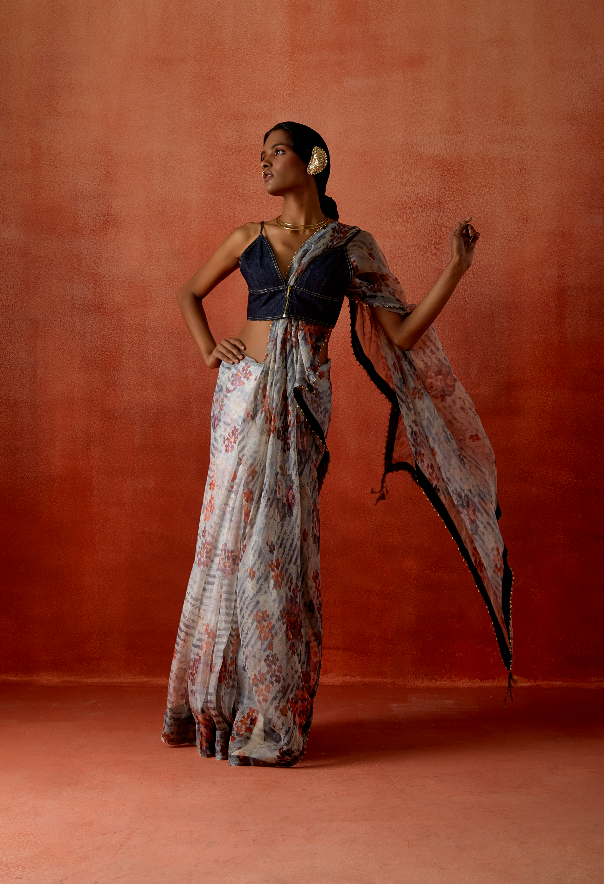 PRINTED ORGANZA SARI WITH EMB DENIM BIKER JACKET