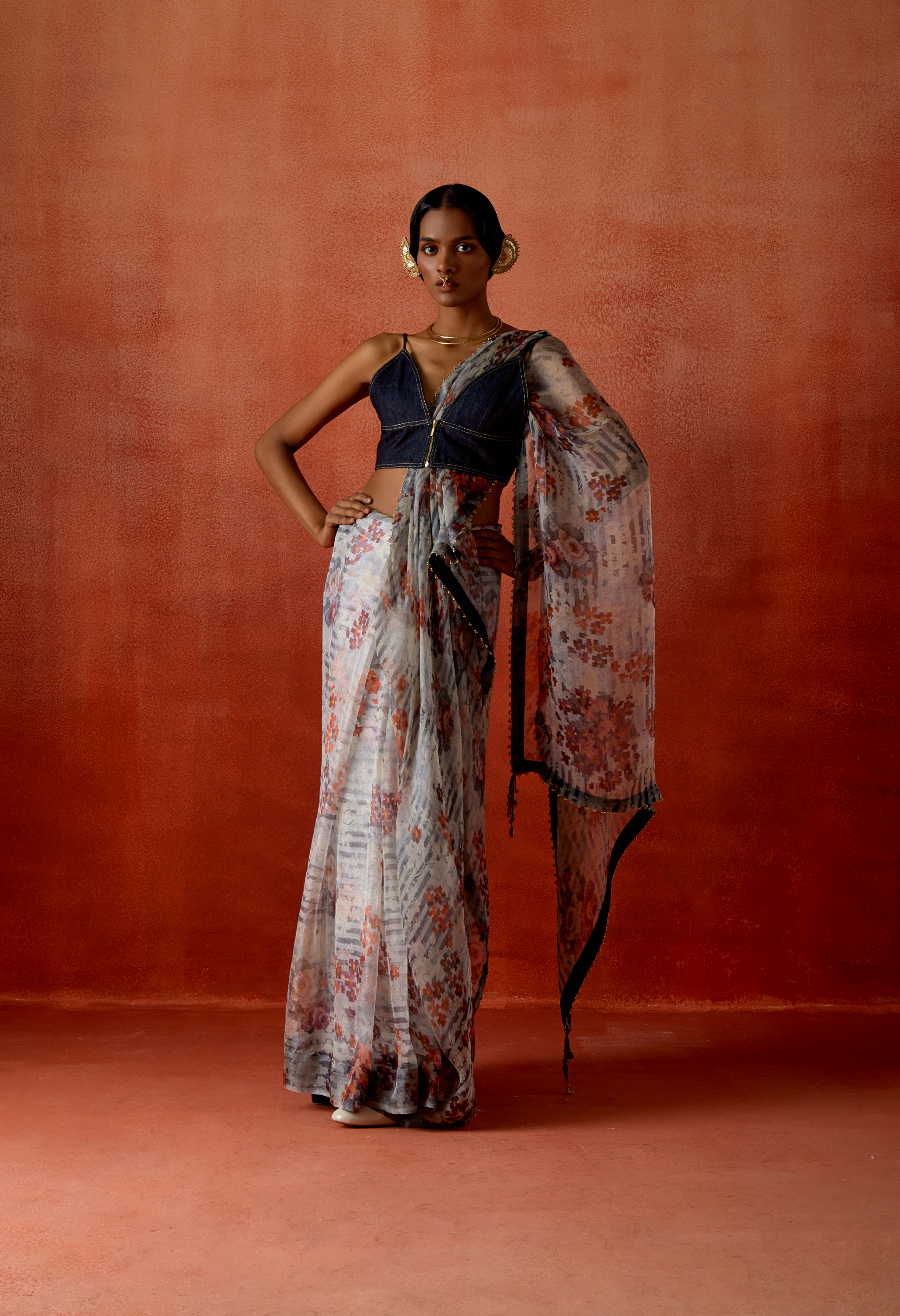 PRINTED ORGANZA SARI WITH EMB DENIM BIKER JACKET